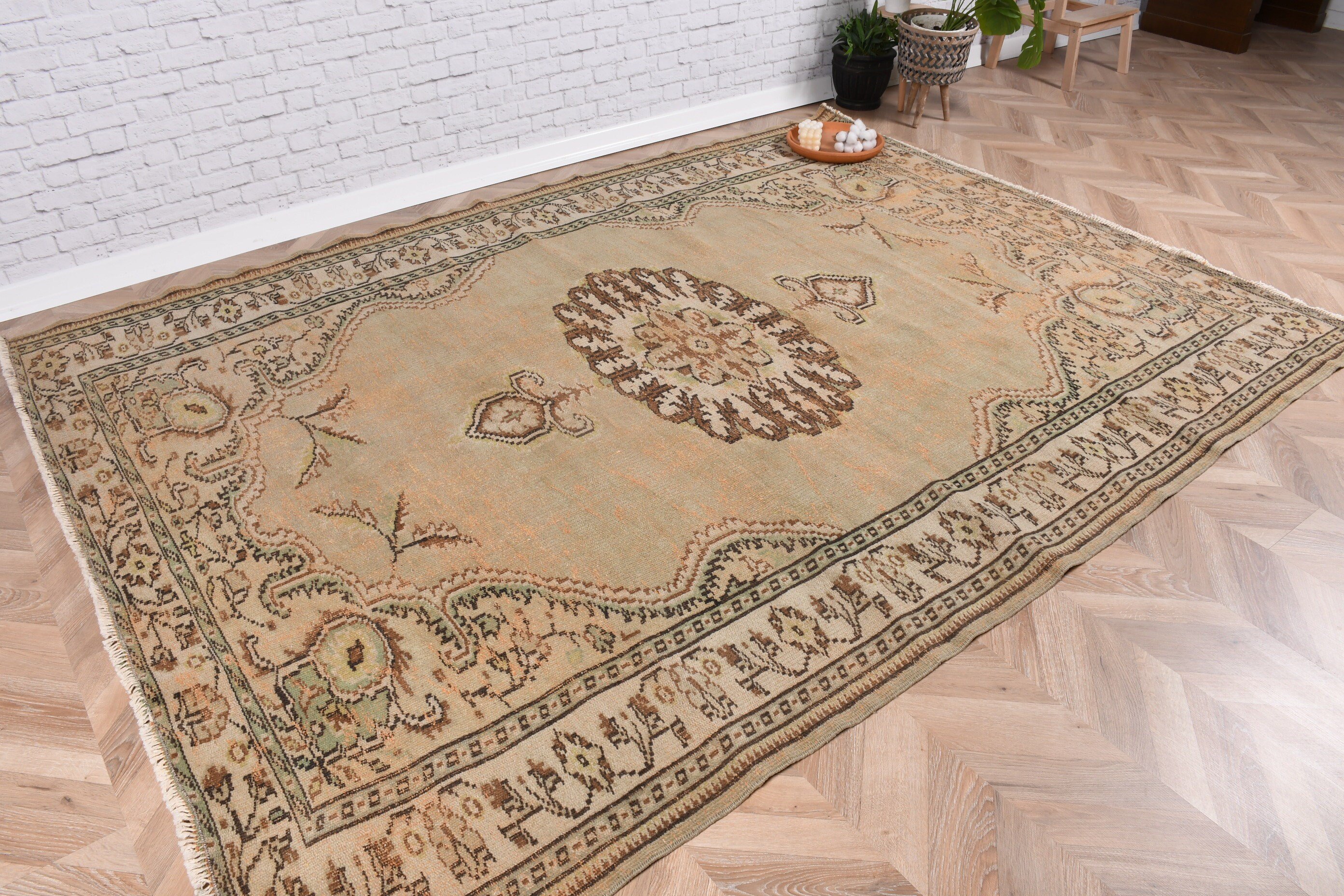 El Dokuma Halı, Yeşil Boho Halı, Vintage Halılar, Büyük Vintage Halılar, 6.3x8.4 ft Büyük Halı, Türk Halıları, Oturma Odası Halıları, Nötr Halı