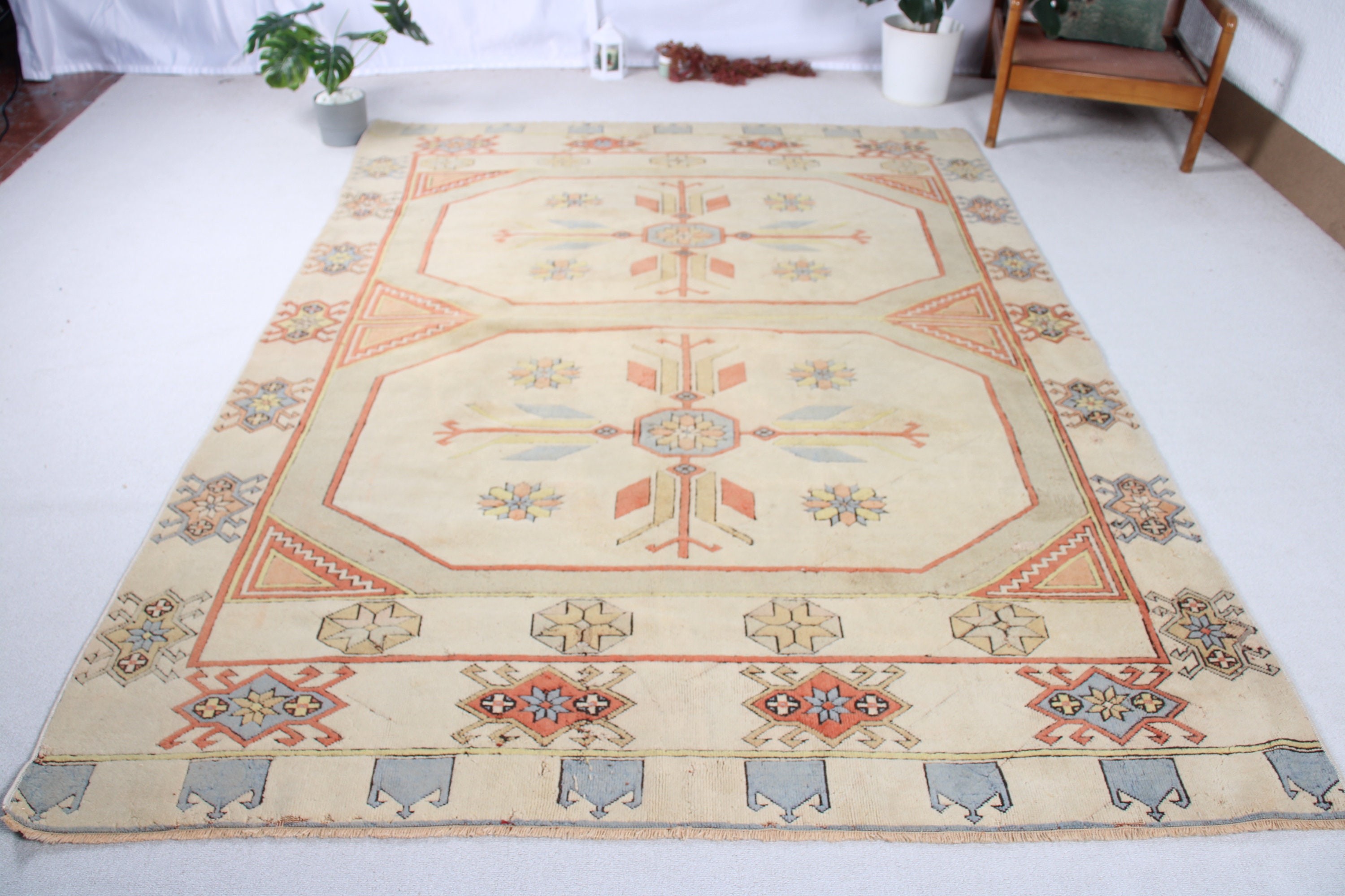 Antique Rugs, Vintage Rug, Turkish Rugs, 6.3x8.8 ft Large Rugs, Beige Oushak Rug, Floor Rugs, Dining Room Rug, Boho Rug, Bedroom Rugs