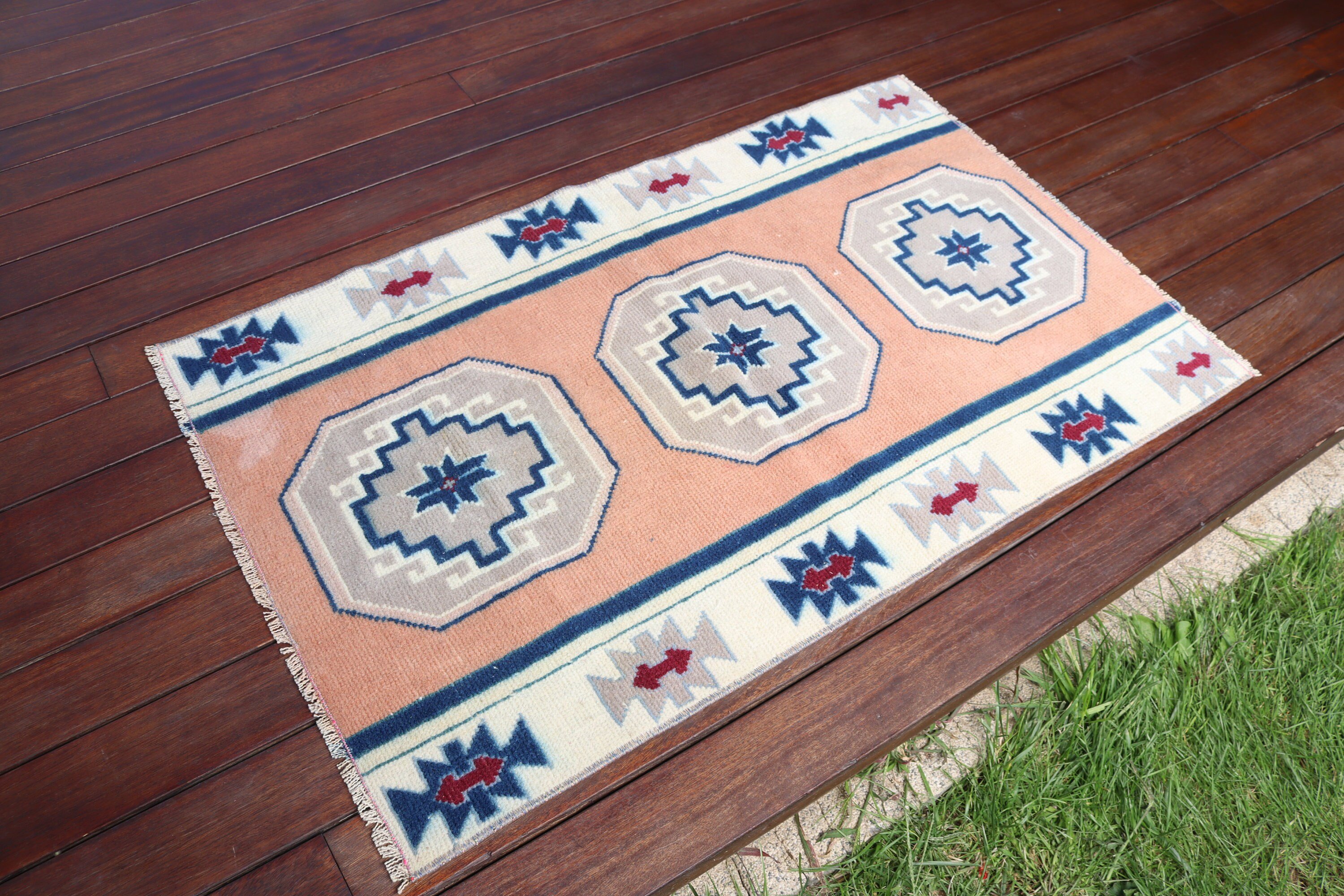 Turuncu Nötr Halı, Ev Dekor Halısı, 2.2x3.5 ft Küçük Halılar, Vintage Halı, Kapı Paspası Halısı, Küçük Vintage Halı, Geometrik Halılar, Türk Halıları