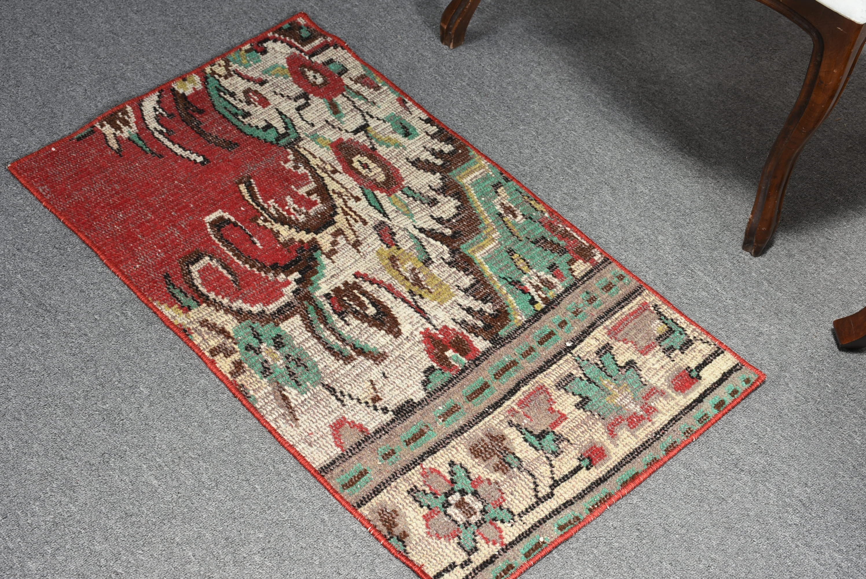 Pale Rug, Kitchen Rugs, Vintage Rug, Wool Rug, Turkish Rug, Rugs for Kitchen, Bedroom Rugs, 1.7x2.8 ft Small Rug, Oushak Rug, Red Cool Rug