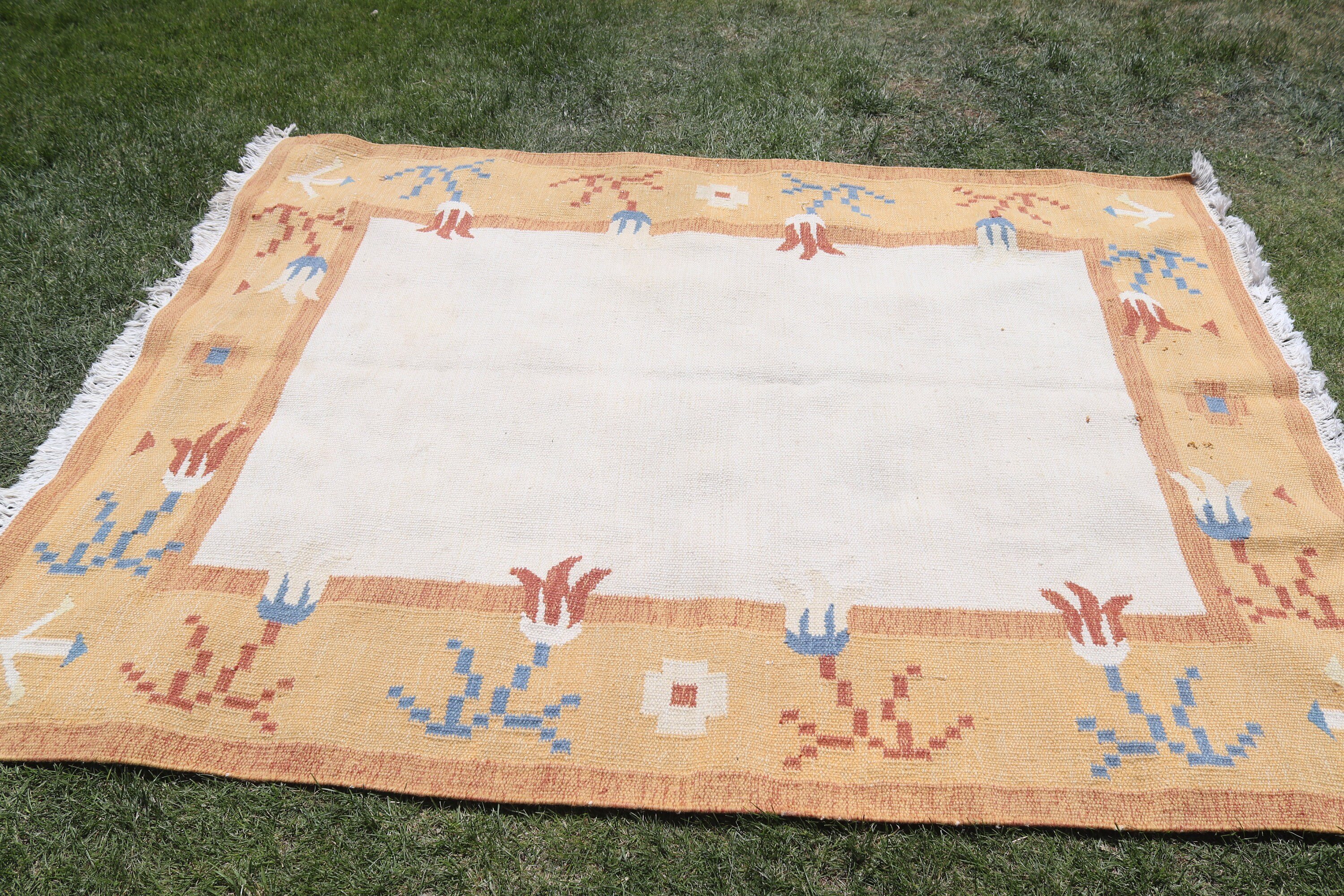 5,6x7,1 ft Alan Halısı, Kilim, Boho Alan Kilimi, Sarı Oryantal Halılar, Açıklama Halıları, Oushak Bölge Halıları, Türk Halıları, Vintage Halı