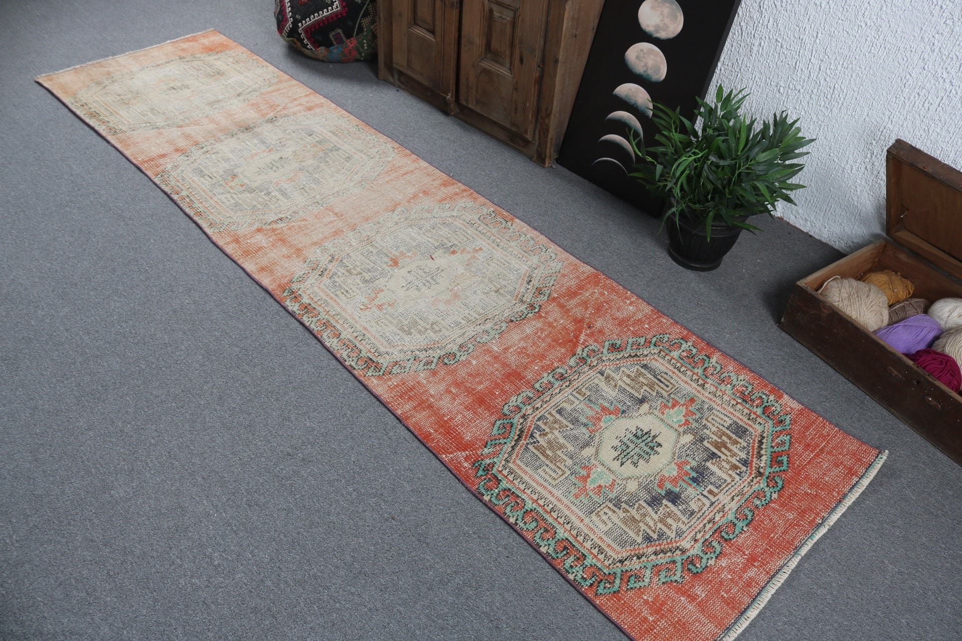 Beni Ourain Runner Rug, Boho Rug, Turkish Rugs, Vintage Rugs, 2.5x9.8 ft Runner Rugs, Flatweave Rugs, Hallway Rugs, Orange Kitchen Rugs