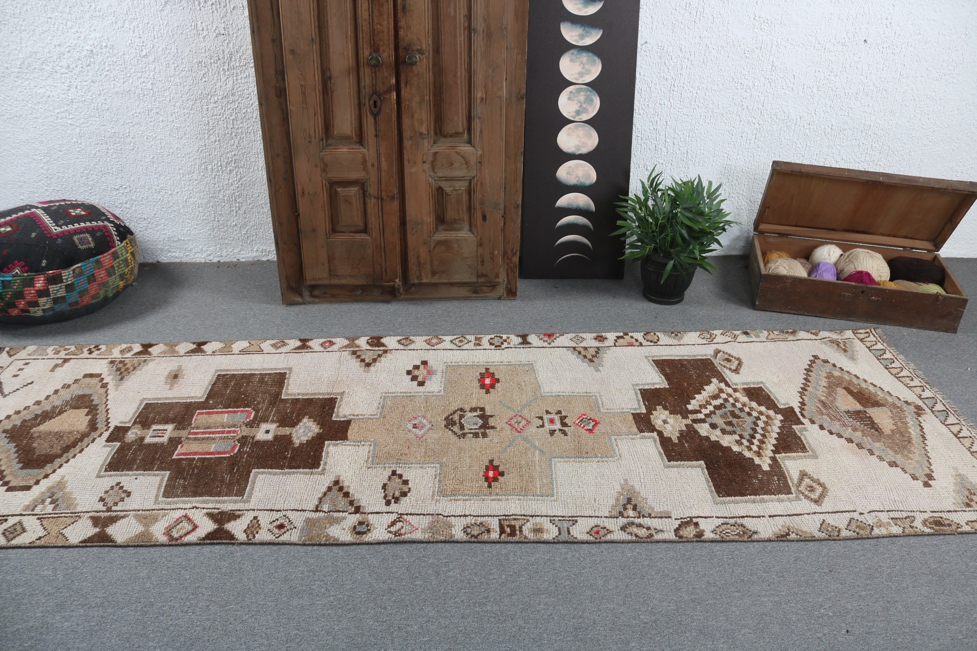 Merdiven Halısı, Vintage Halılar, 3.1x9.9 ft Yolluk Halısı, Türk Halısı, Bej Modern Halı, Koridor Halıları, Merdiven Halıları, Antika Halı