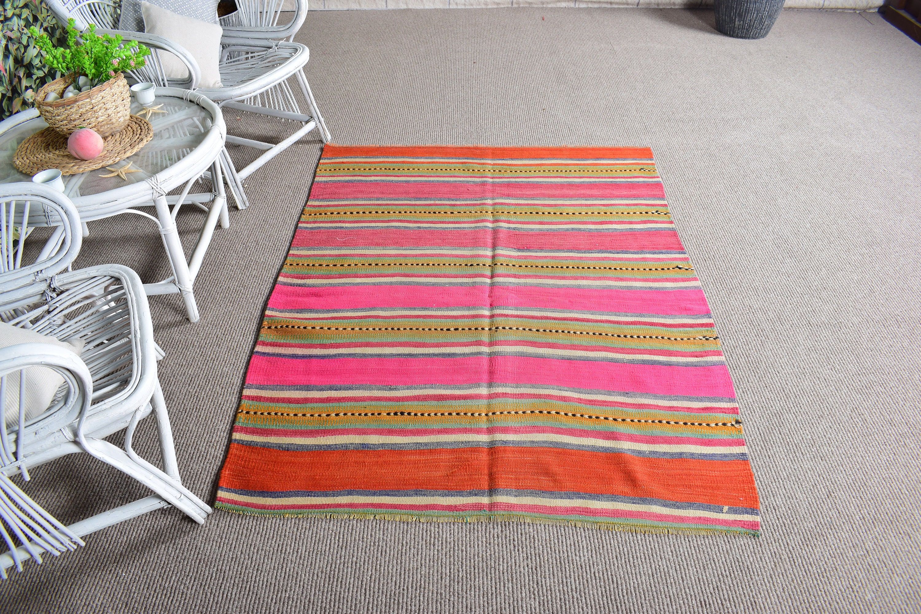 Vintage Accent Rug, Turkish Rugs, Pink Anatolian Rugs, Vintage Rugs, Kilim, Nursery Rug, Flatweave Rug, Oushak Rugs, 4x5.3 ft Accent Rugs