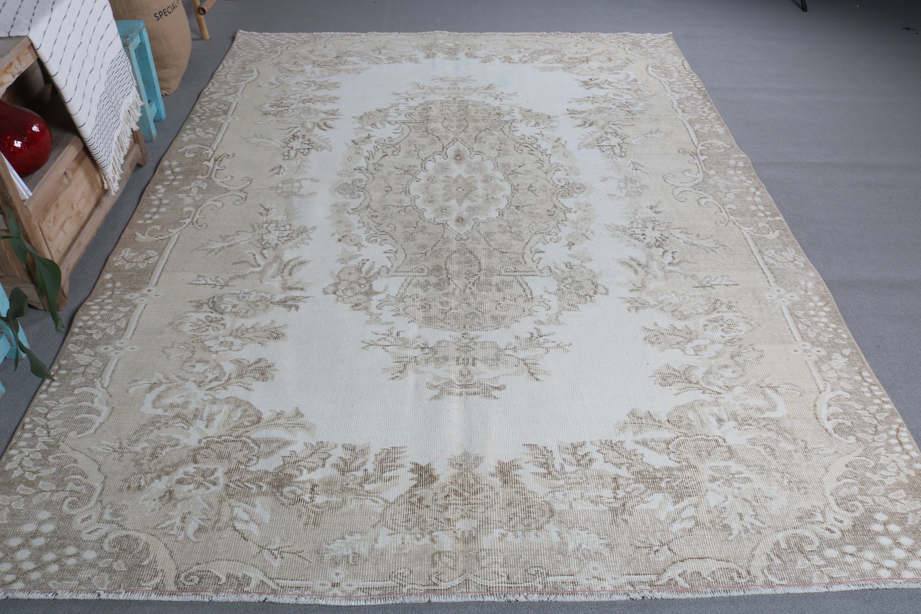 Yatak Odası Halısı, Vintage Halı, Yemek Odası Halıları, Türk Halısı, Yemek Odası Halıları, Beyaz Yün Halı, Salon Halısı, 6.6x9 ft Büyük Halı