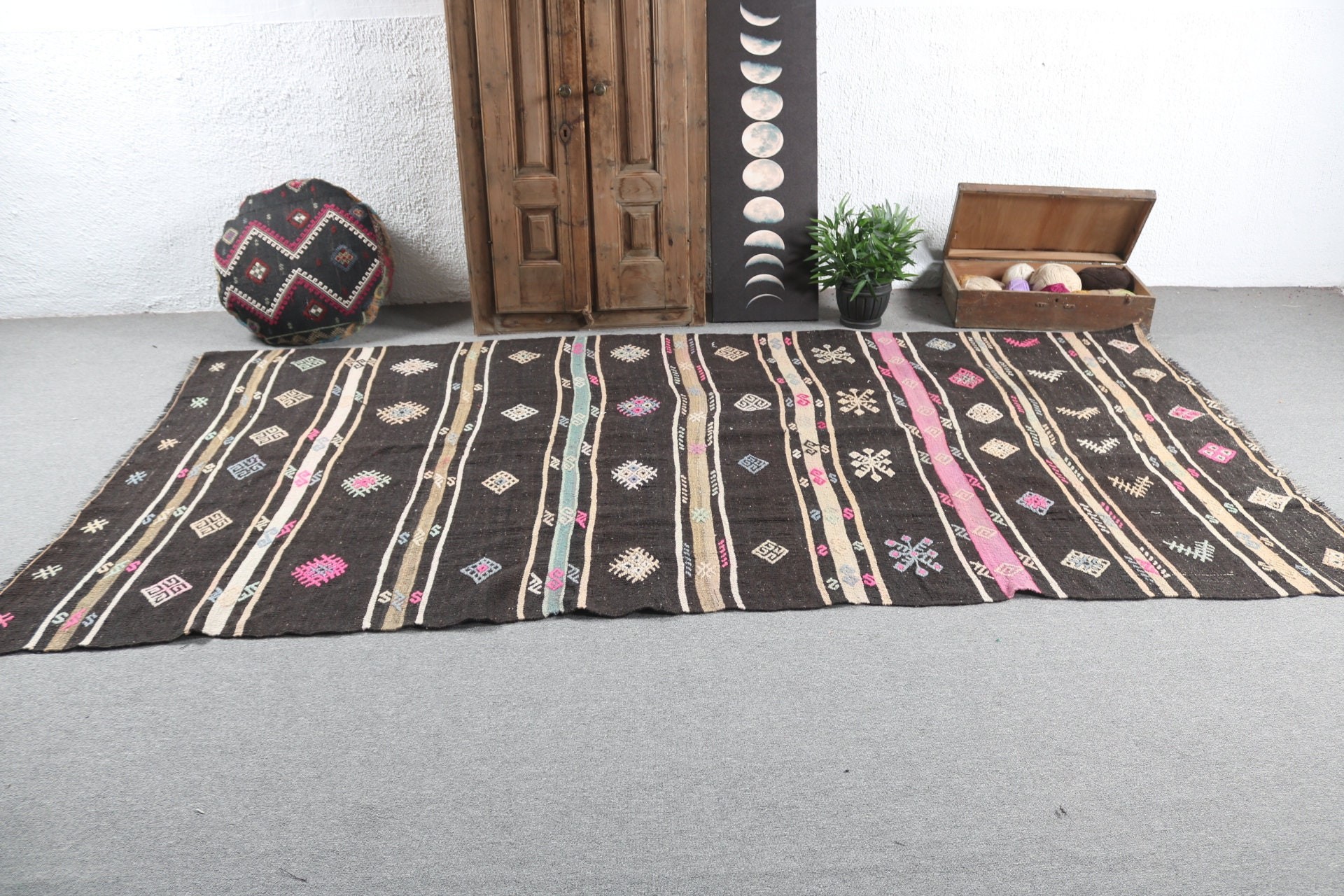 Türk Halıları, Vintage Halı, Düz Dokuma Halı, Büyük Oushak Halı, Siyah Yün Halılar, Kilim, Nötr Halı, Büyük Vintage Halı, 6.1x10.9 ft Büyük Halılar