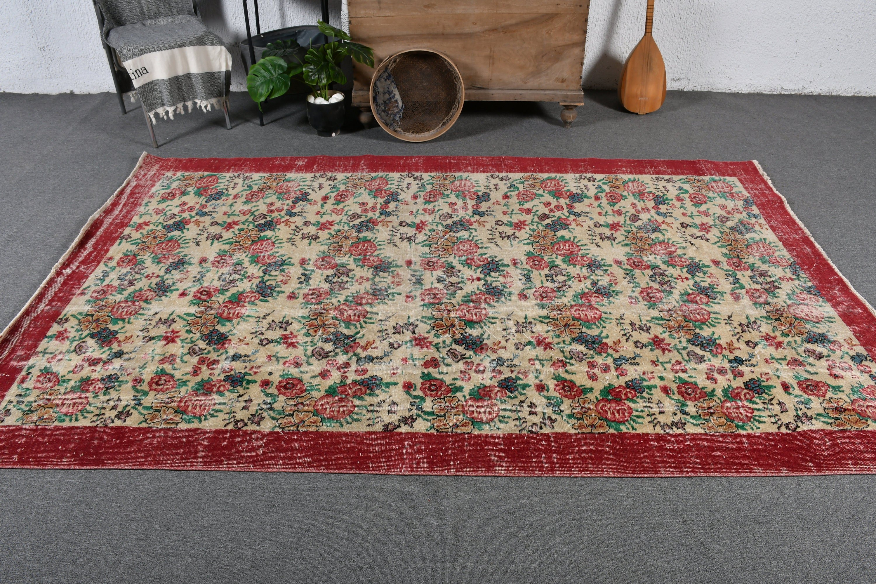 Turkish Rug, Pale Rugs, Red Kitchen Rug, Salon Rug, Home Decor Rug, Living Room Rugs, Vintage Rug, Antique Rug, 5.4x8.6 ft Large Rug