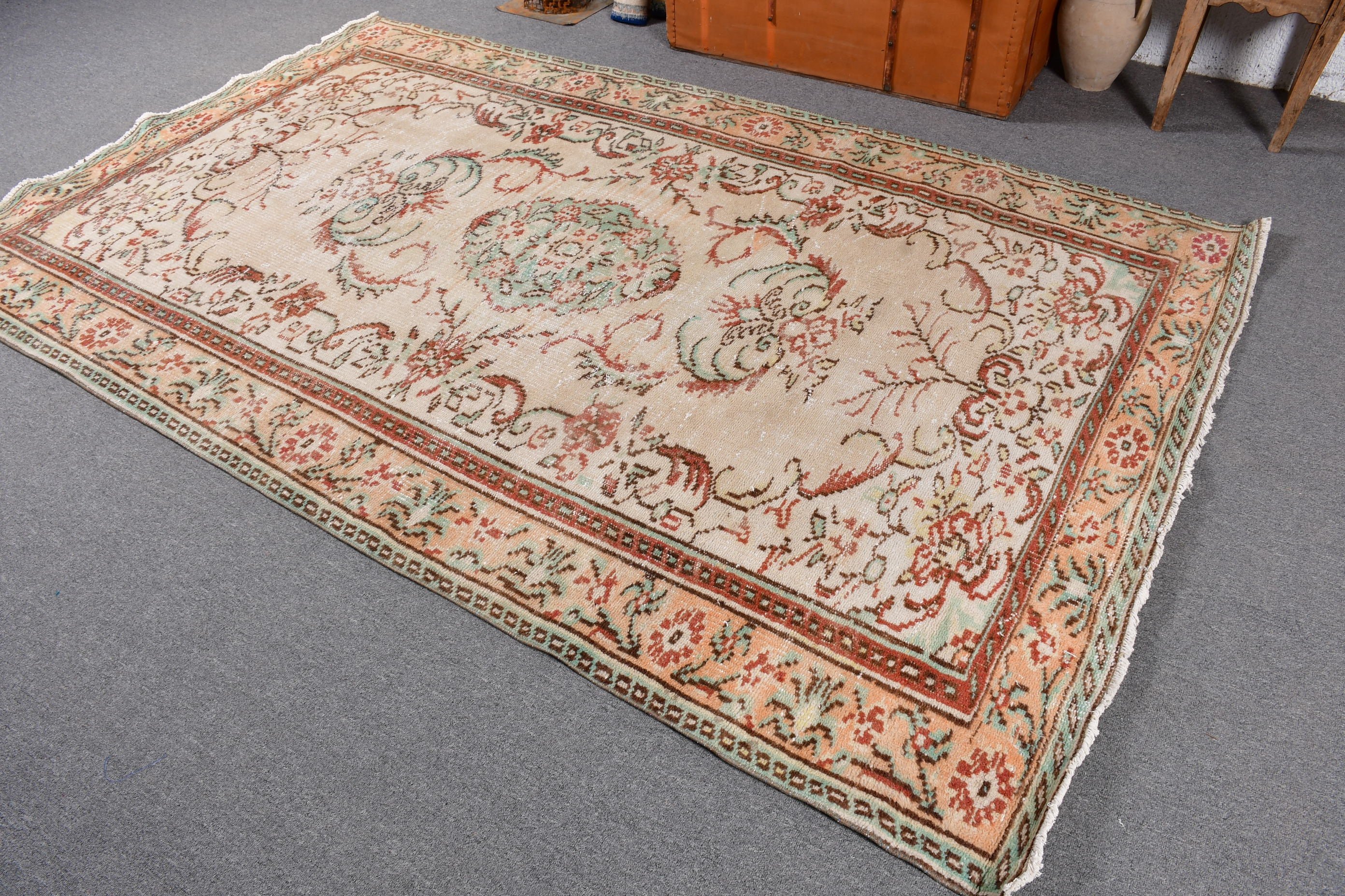 Bej Yatak Odası Halısı, Nötr Halılar, Vintage Halılar, Büyük Oushak Halısı, Türk Halıları, 5.4x8.5 ft Büyük Halılar, Aztek Halısı, Geometrik Halılar, Salon Halıları