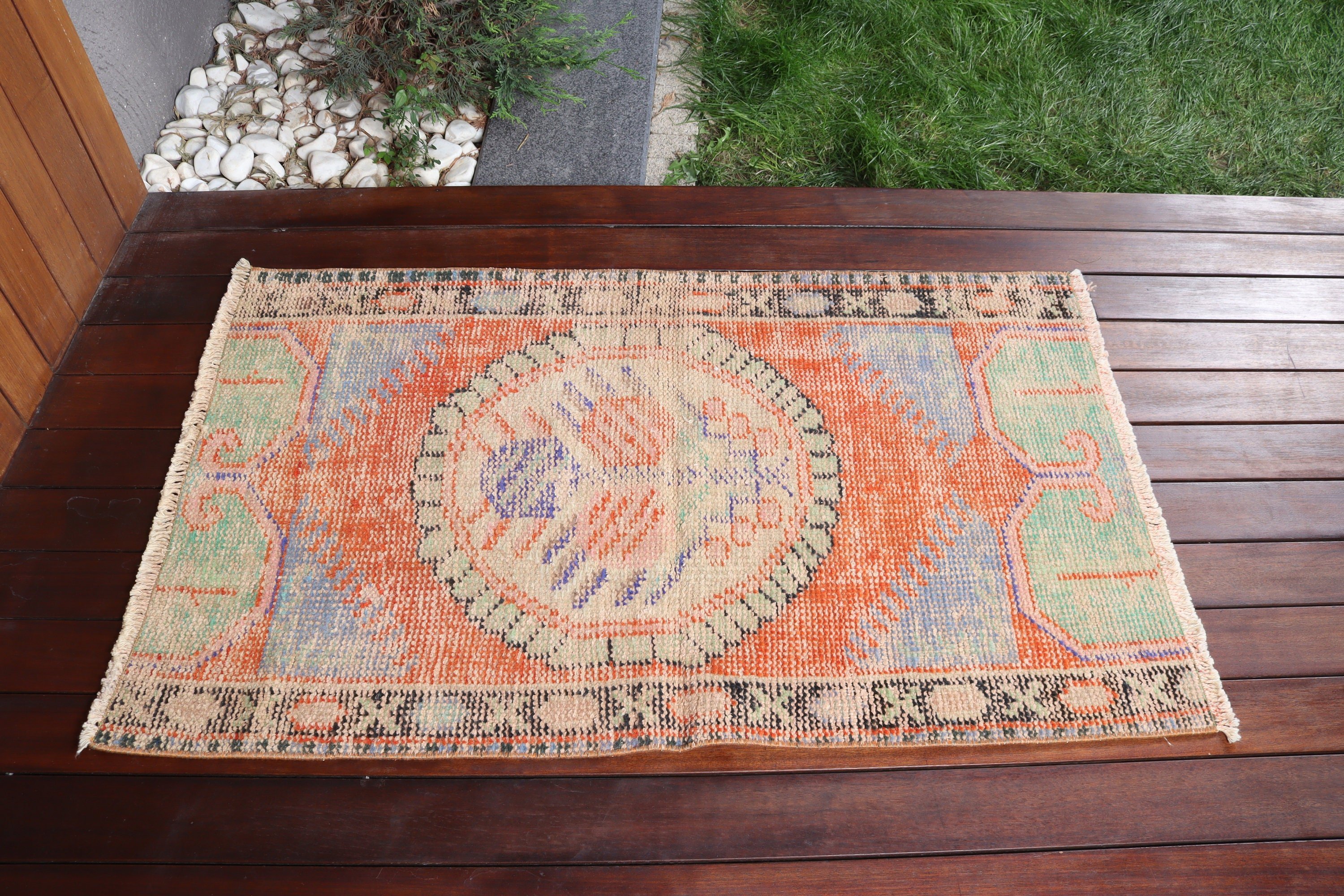 Banyo Paspası Boho Halı, Vintage Halılar, Küçük Boho Halılar, Mutfak Halıları, Turuncu Yün Halı, Banyo Halısı, Türk Halıları, Oushak Halıları, 2,4x4 ft Küçük Halılar