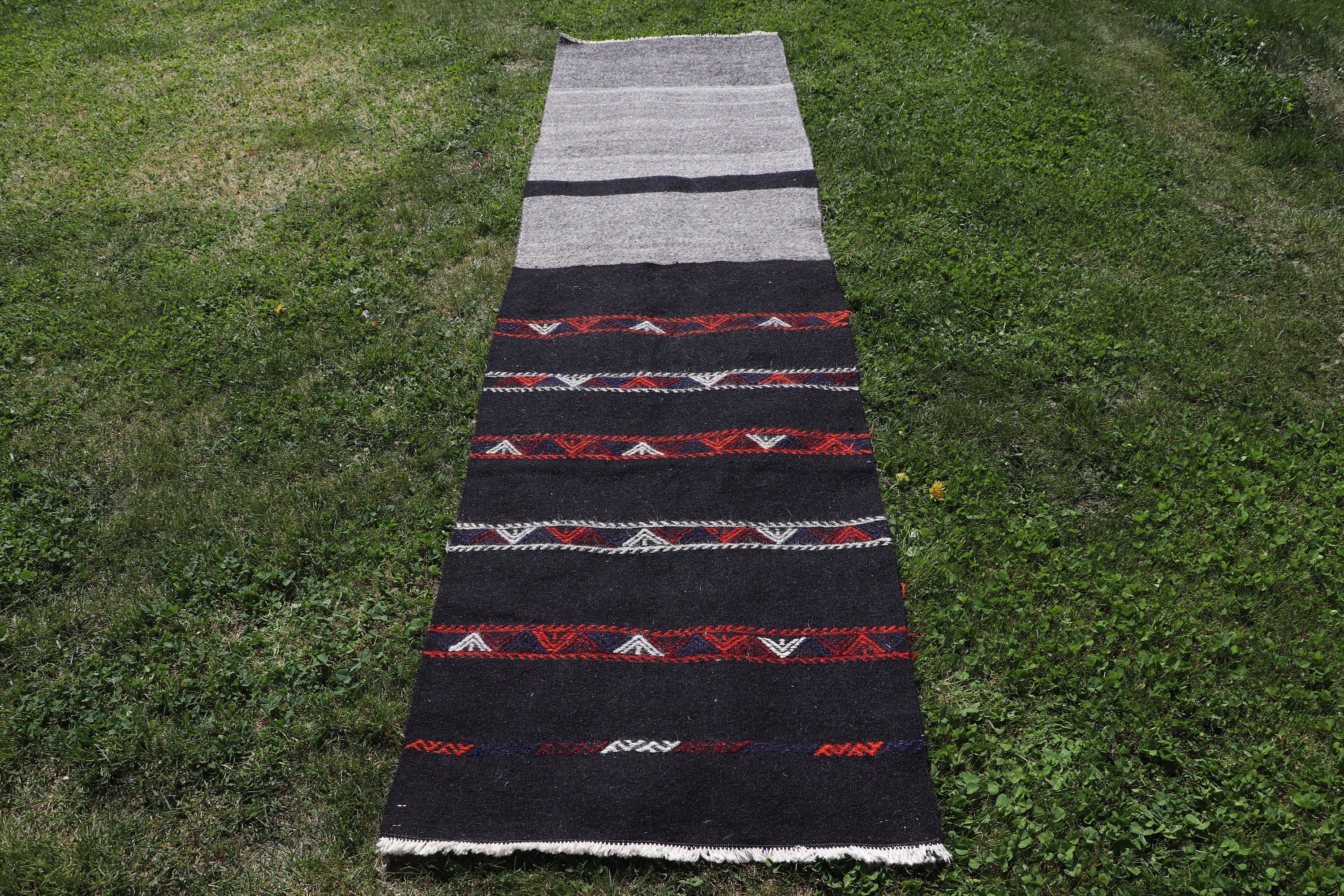 2.3x9.2 ft Runner Halıları, Uzun Koşucu Halıları, Siyah Açıklama Halısı, Boho Halıları, Kilim, Türk Halısı, Vintage Halı, Mutfak Halıları, Koridor Halıları