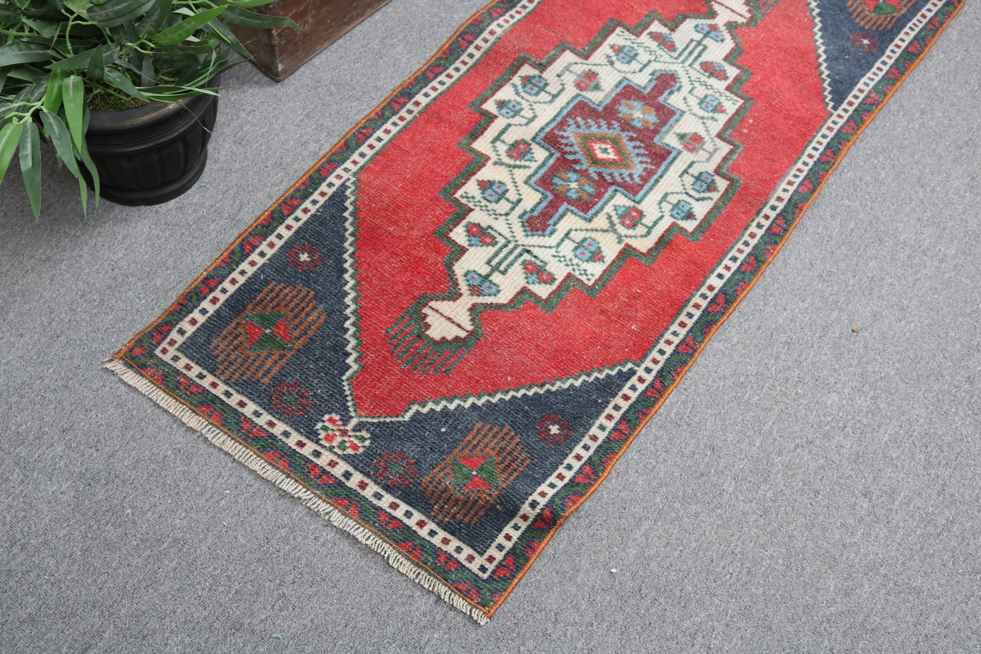 1.6x3.8 ft Small Rugs, Vintage Rug, Antique Rug, Turkish Rug, Kitchen Rug, Geometric Rug, Bathroom Rug, Red Handwoven Rugs, Boho Rug