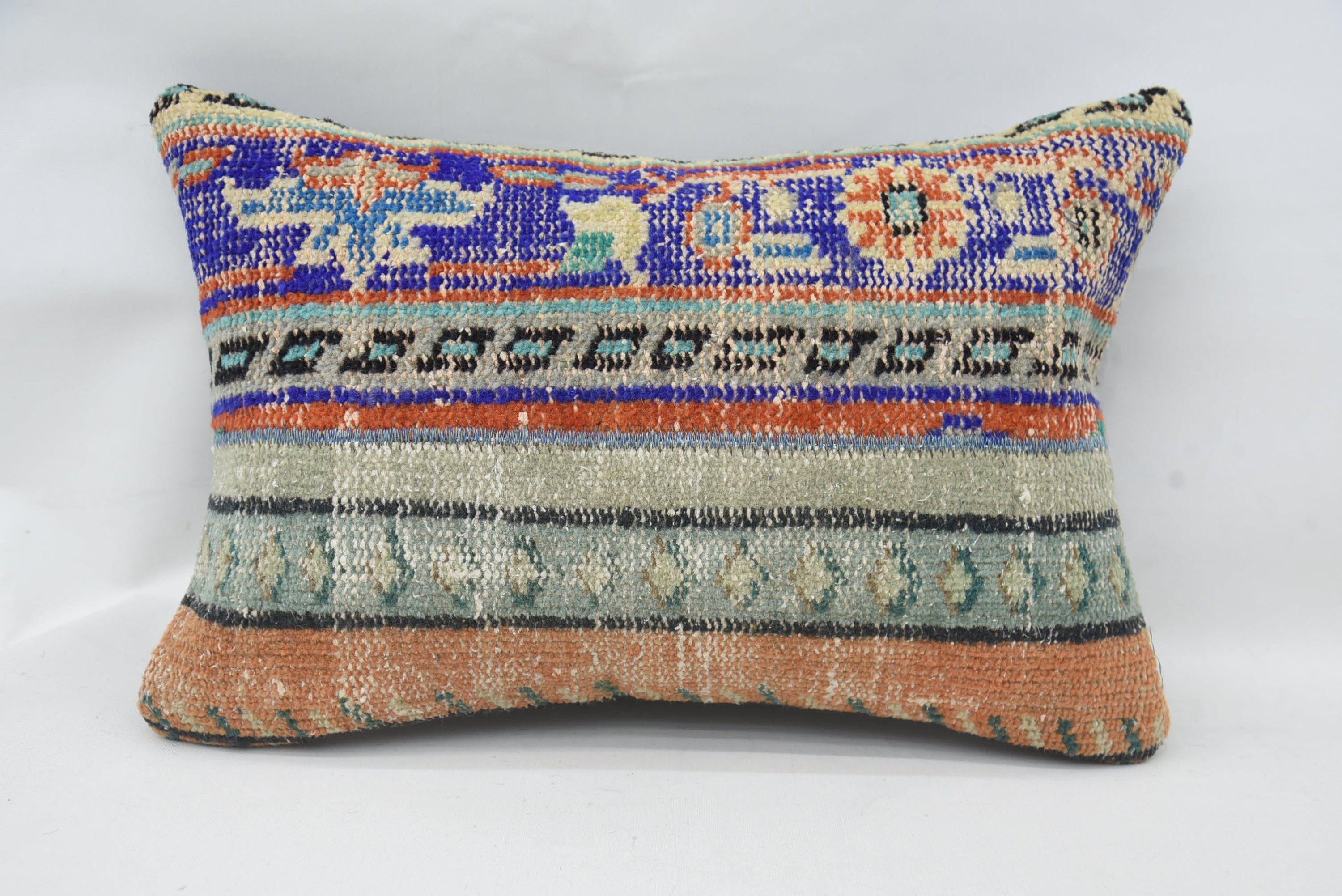 Vintage Kilim Throw Pillow, Boho Pillow, Wool Kilim Pillow Pillow, Aztec Cushion Case, Vintage Kilim Pillow, 16"x24" Blue Pillow Case