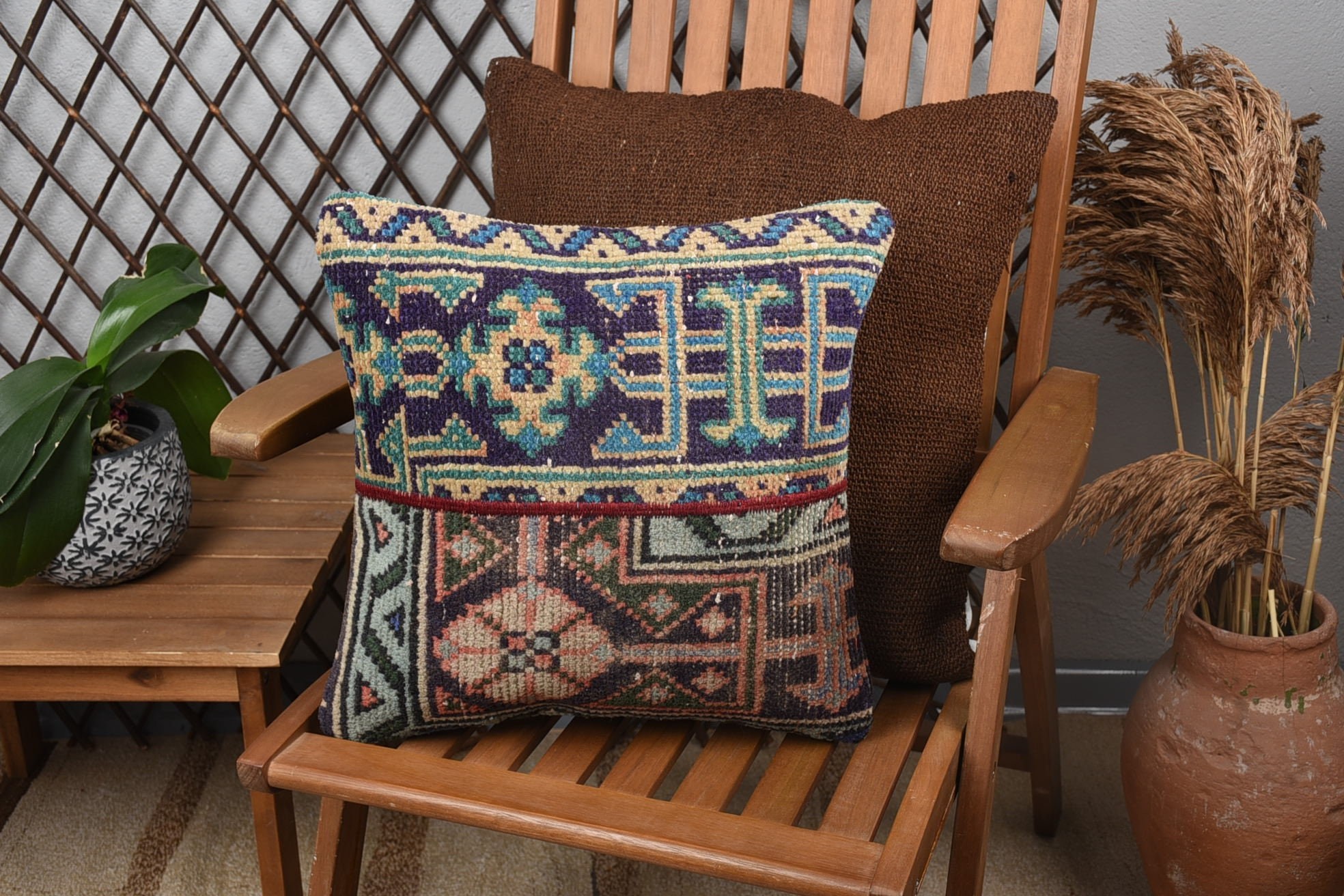 Bahçe Yastık Kılıfı, 16"x16" Kahverengi Yastık Sham, Antika Yastıklar, Kilim Yastık Kılıfı, Kanepe Yastık, Dekoratif Yastık Kılıfı