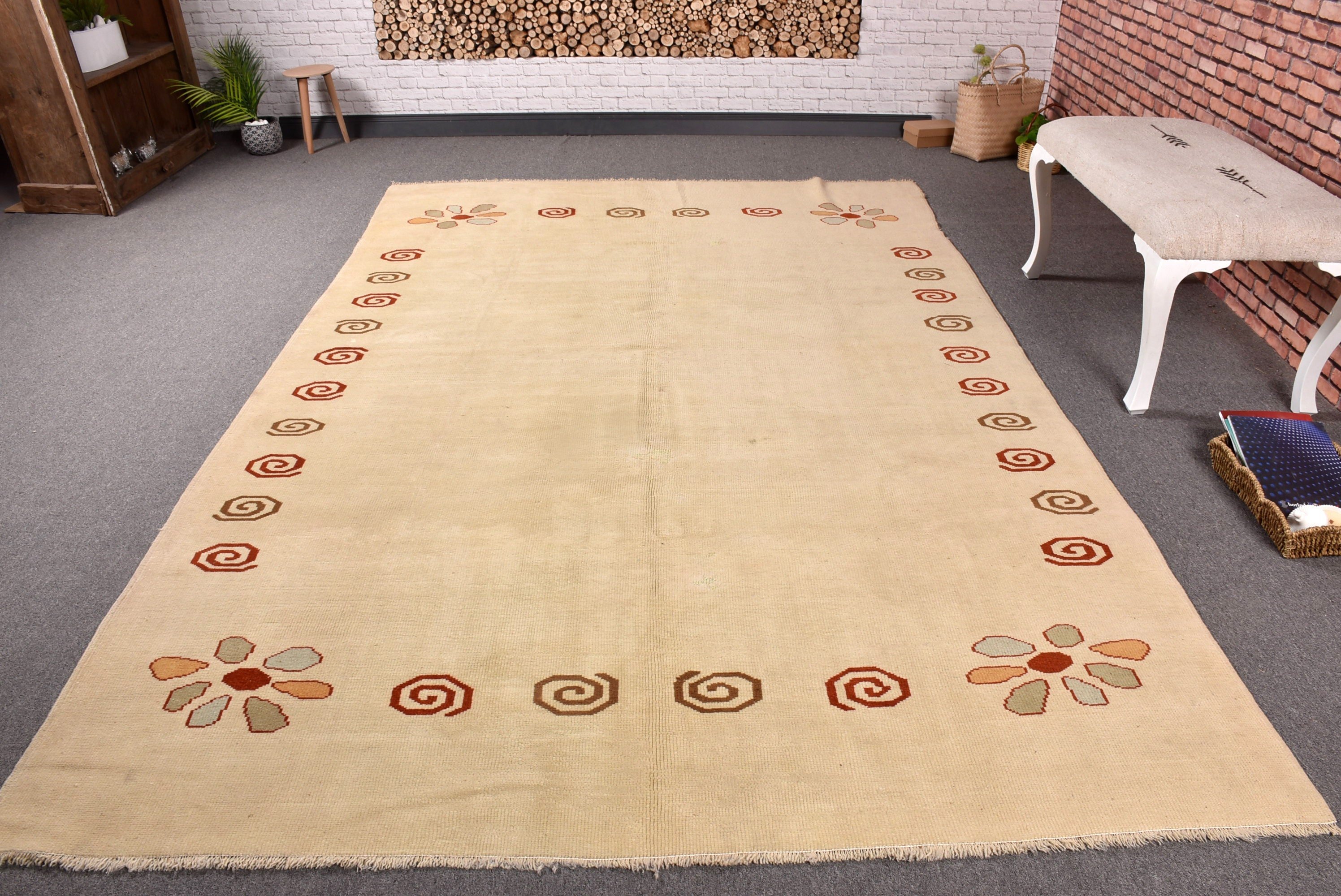 6.3x9.5 ft Büyük Halılar, Bej Oushak Halılar, Oushak Halılar, Yatak Odası Halıları, Türk Halıları, Boho Halılar, Vintage Halı, El Dokuma Halı, Büyük Boho Halılar