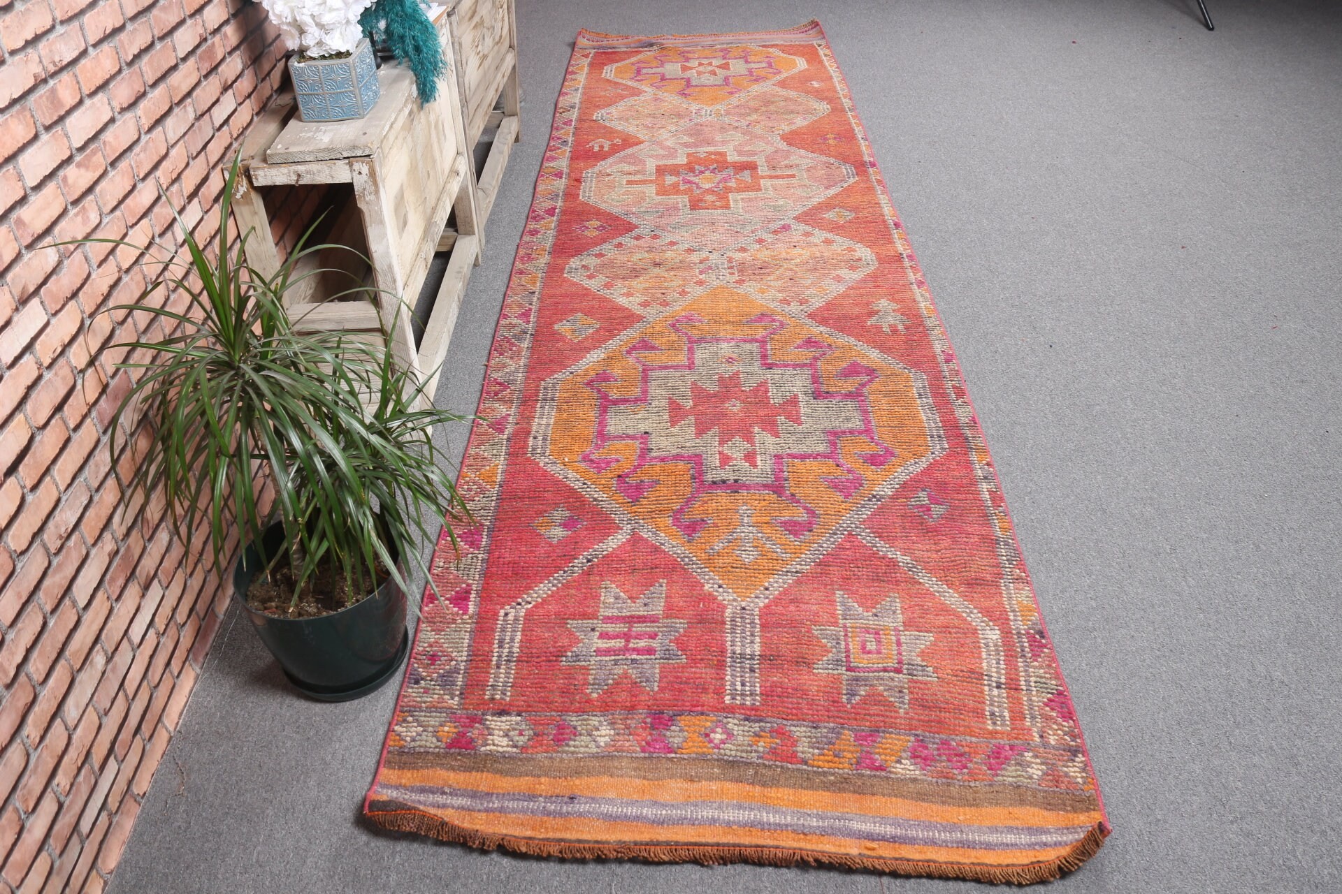 Aztec Rugs, Corridor Rugs, Pink  3.2x11.6 ft Runner Rug, Turkish Rugs, Vintage Rug, Floor Rug, Rugs for Hallway, Anatolian Rug