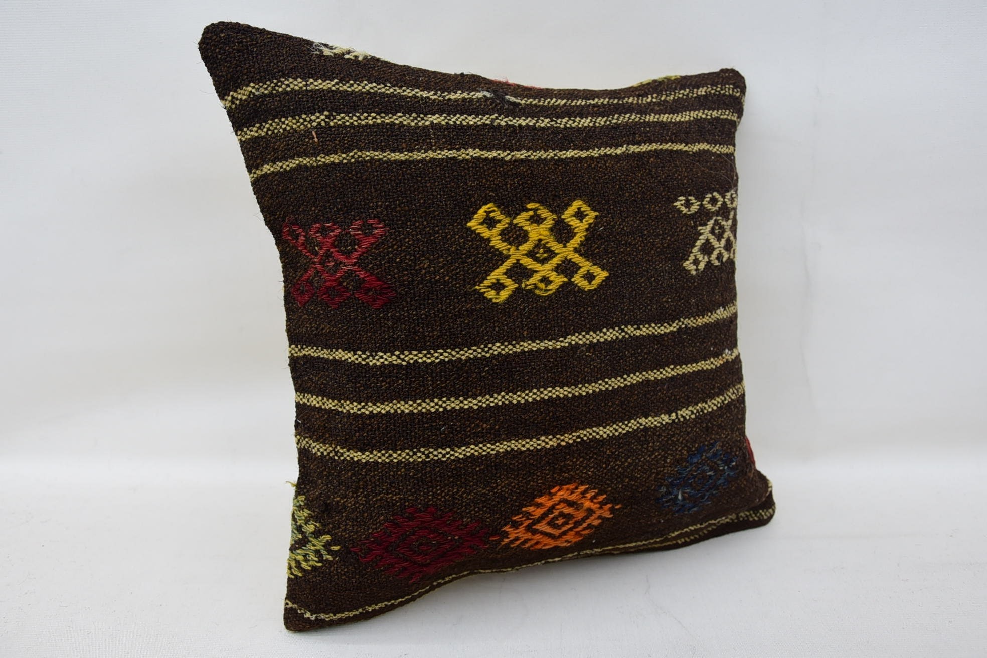 Cotton Pillow, Kilim Pillow, Vintage Kilim Throw Pillow, Turkish Rugs Pillow Sham, 14"x14" Brown Cushion Cover, Kilim Cushion Sham