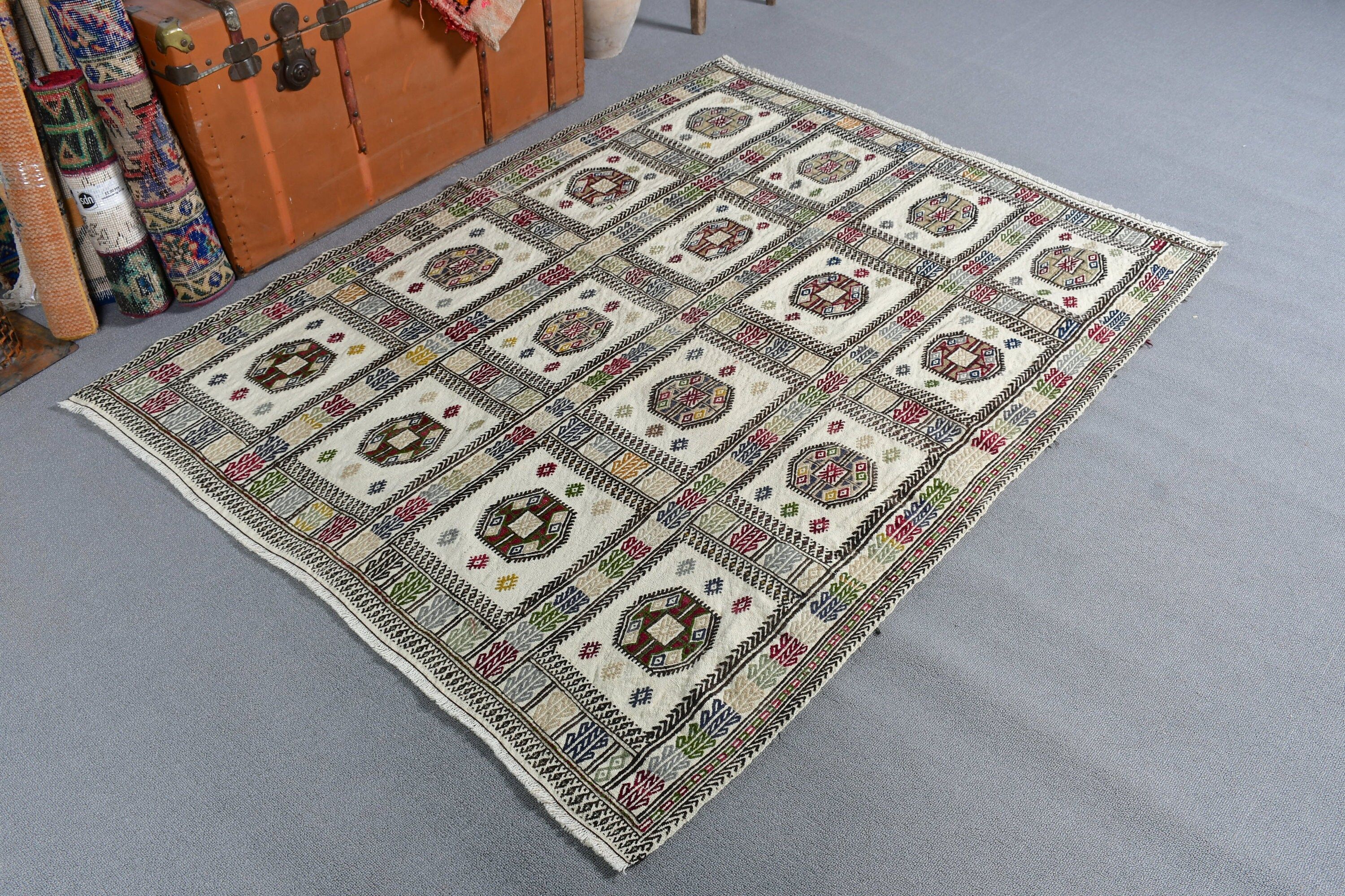 Rugs for Area, White Oriental Rug, Handwoven Rug, Bedroom Rug, Anatolian Rugs, 4.3x5.6 ft Area Rugs, Vintage Rug, Turkish Rug, Kitchen Rug