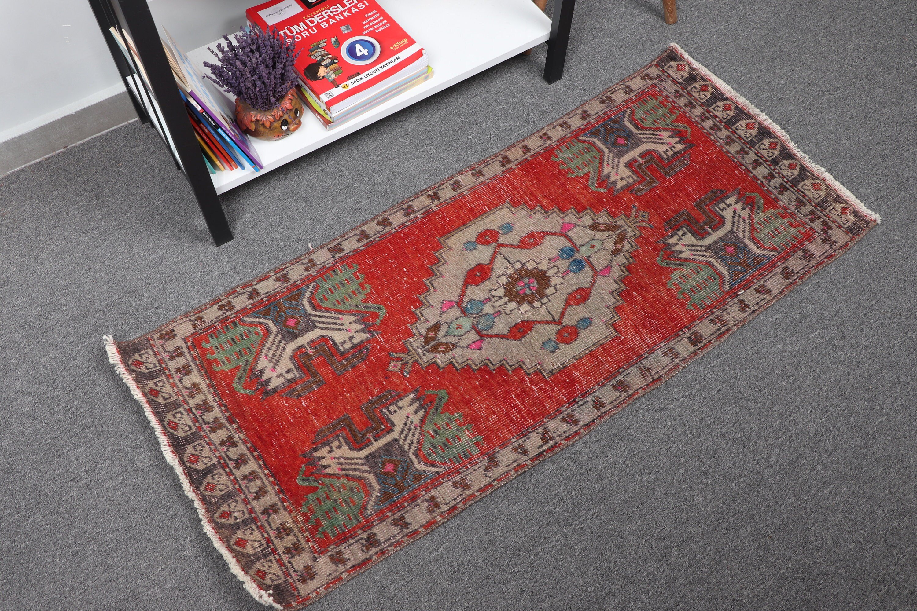1.7x3.9 ft Small Rugs, Vintage Rug, Floor Rug, Wall Hanging Rugs, Abstract Rugs, Antique Rug, Turkish Rug, Kitchen Rug, Red Moroccan Rug