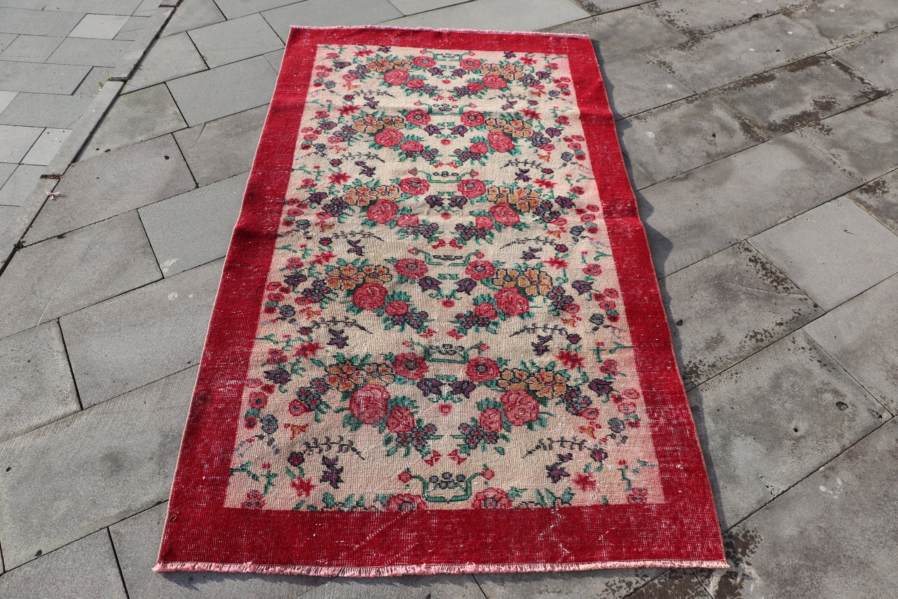 Turkish Rug, 3.6x6.5 ft Accent Rugs, Oriental Rug, Vintage Rug, Kitchen Rug, Anatolian Rugs, Red Moroccan Rugs, Nursery Rugs, Muted Rugs