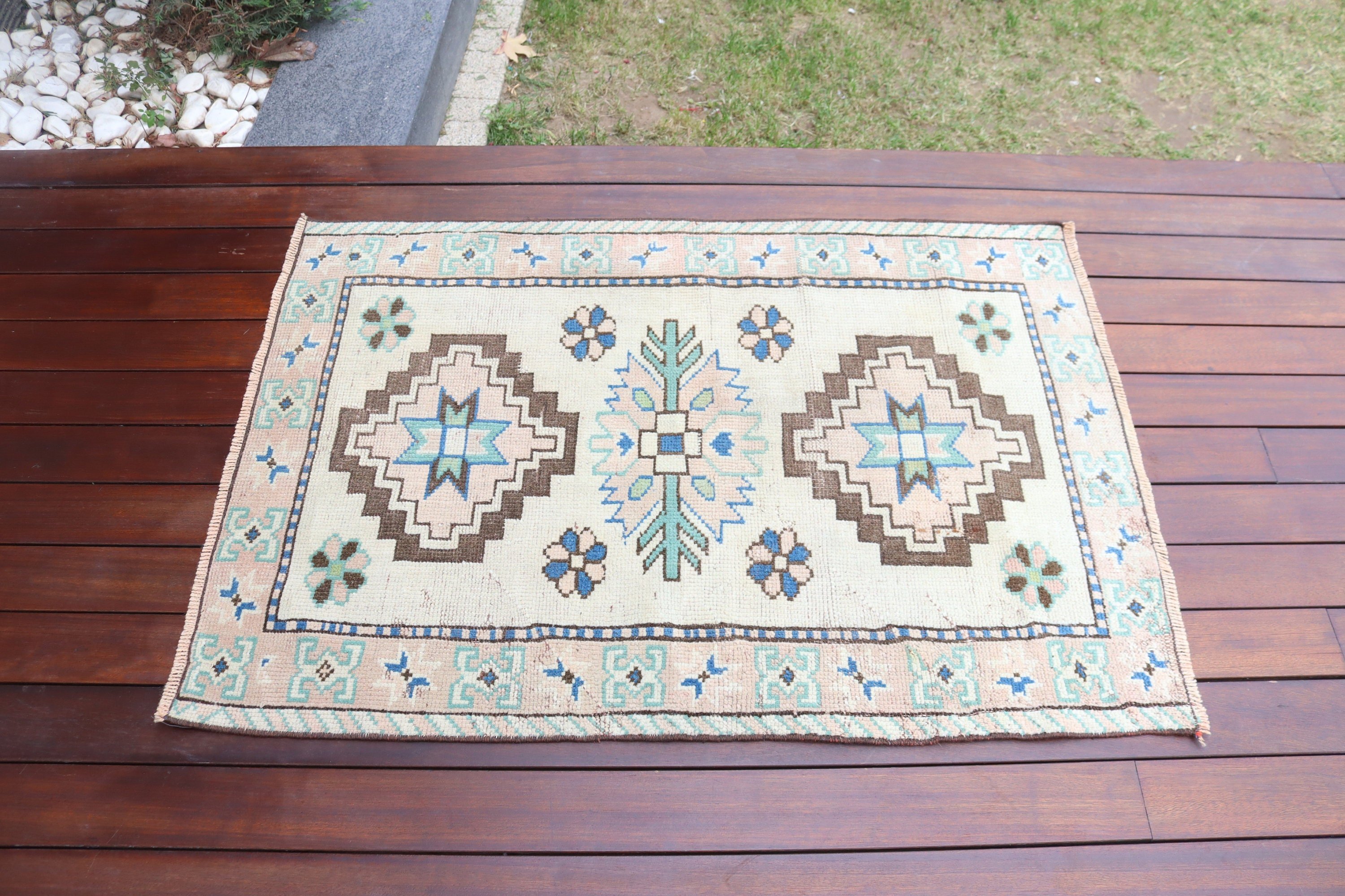 Kapı Paspası Halısı, 2.7x3.9 ft Küçük Halı, Küçük Alan Halıları, Yün Halıları, Türk Halıları, Oushak Halısı, Vintage Halılar, Bej Boho Halıları, Çocuk Odası Halıları