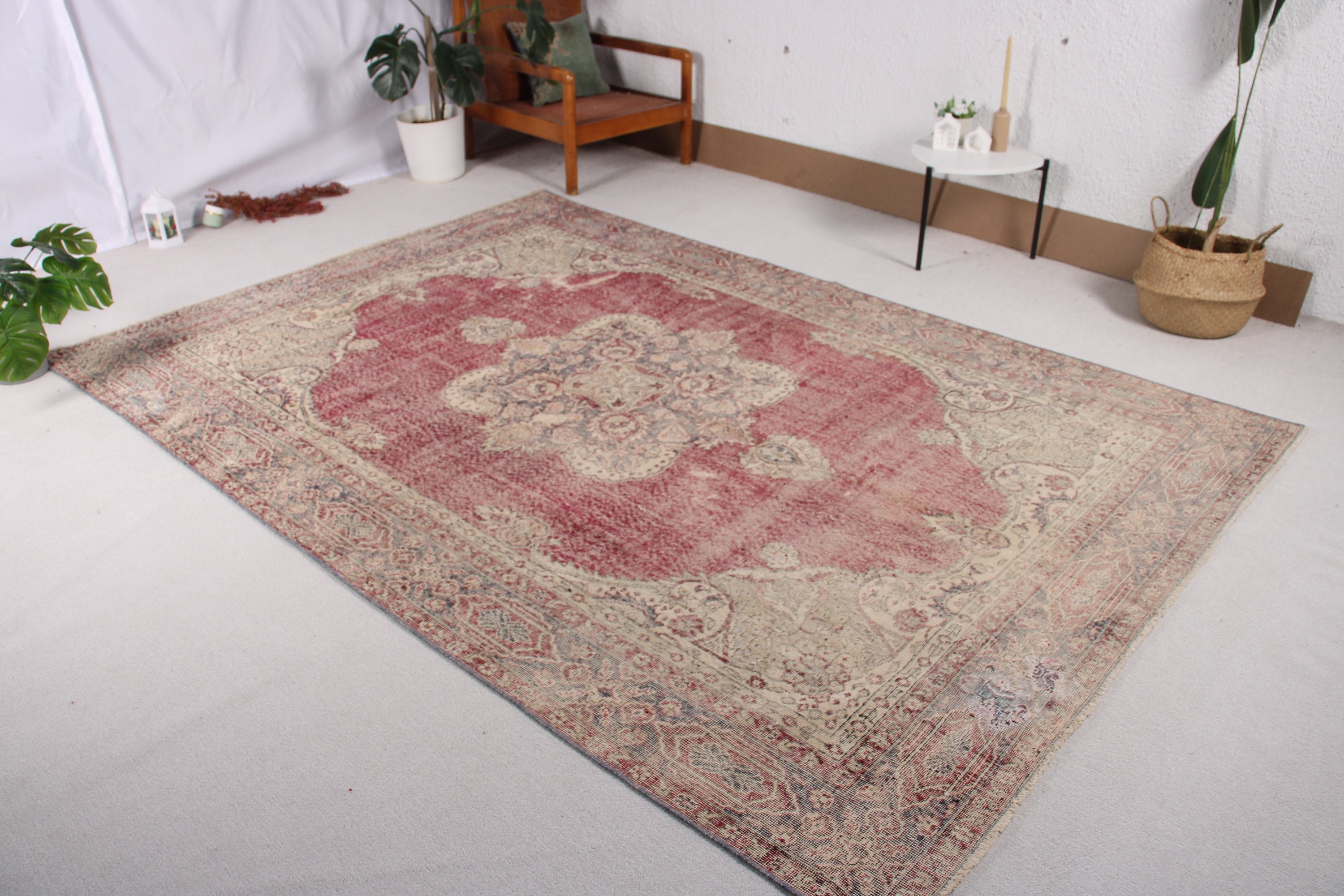 Ev Dekorasyonu Halıları, 6.5x9.5 ft Büyük Halı, Türk Halıları, Kırmızı El Dokuma Halılar, Vintage Halılar, Büyük Oushak Halıları, Oturma Odası Halısı