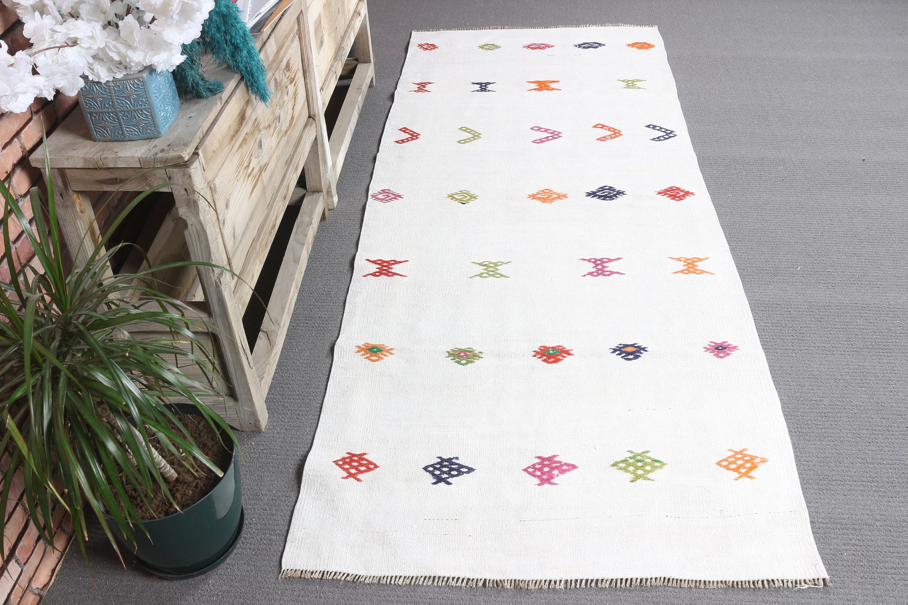 Vintage Rug, Retro Rugs, Home Decor Rug, Hallway Rug, White Wool Rug, Bedroom Rugs, Turkish Rug, 3x7.7 ft Runner Rugs, Rugs for Corridor