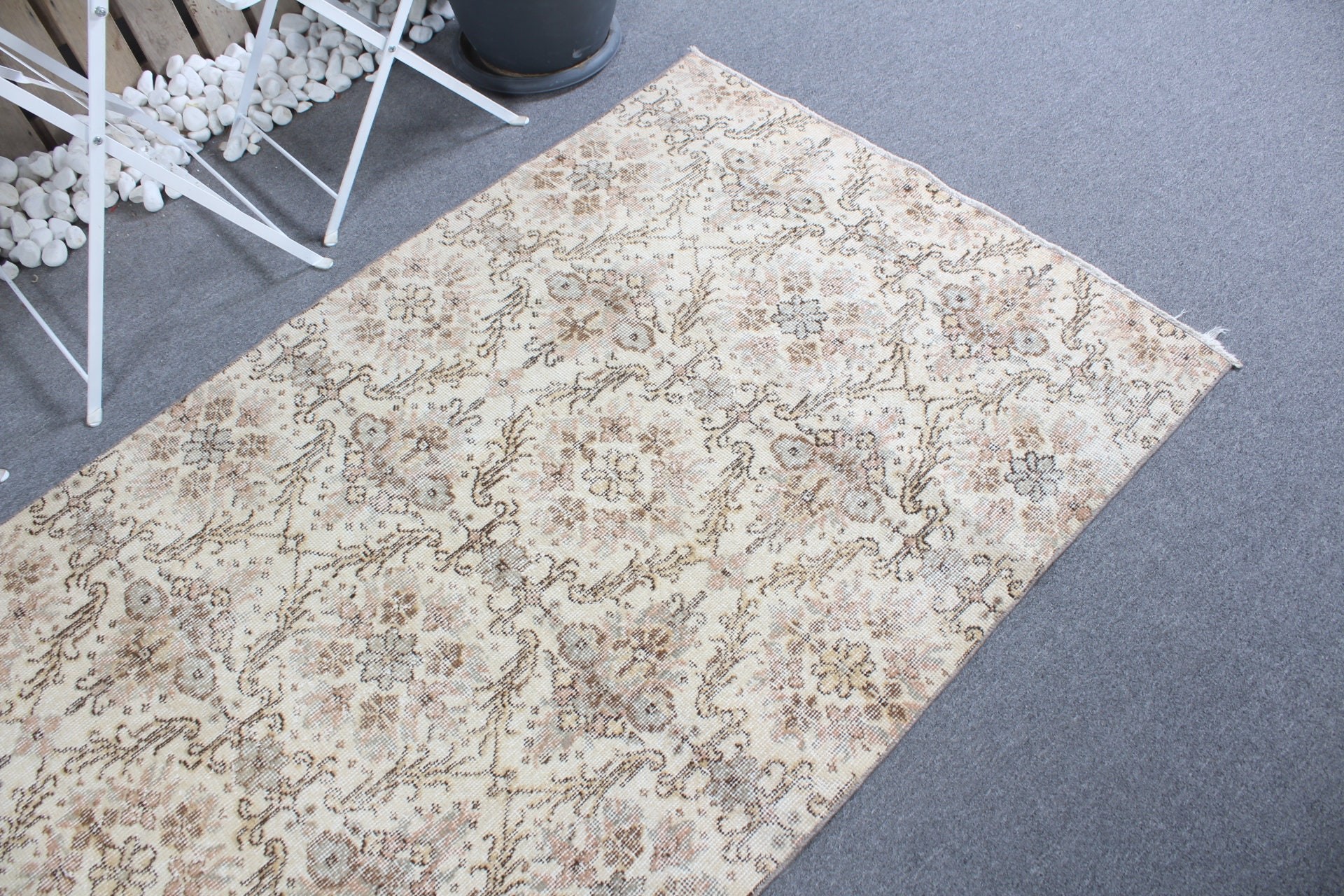 3.7x6.8 ft Alan Kilimi, Türk Halısı, Çocuk Odası Halıları, Yün Halı, Vintage Halı, Yemek Odası Halısı, Bej Soğuk Halı, Yer Halısı, Anadolu Halısı