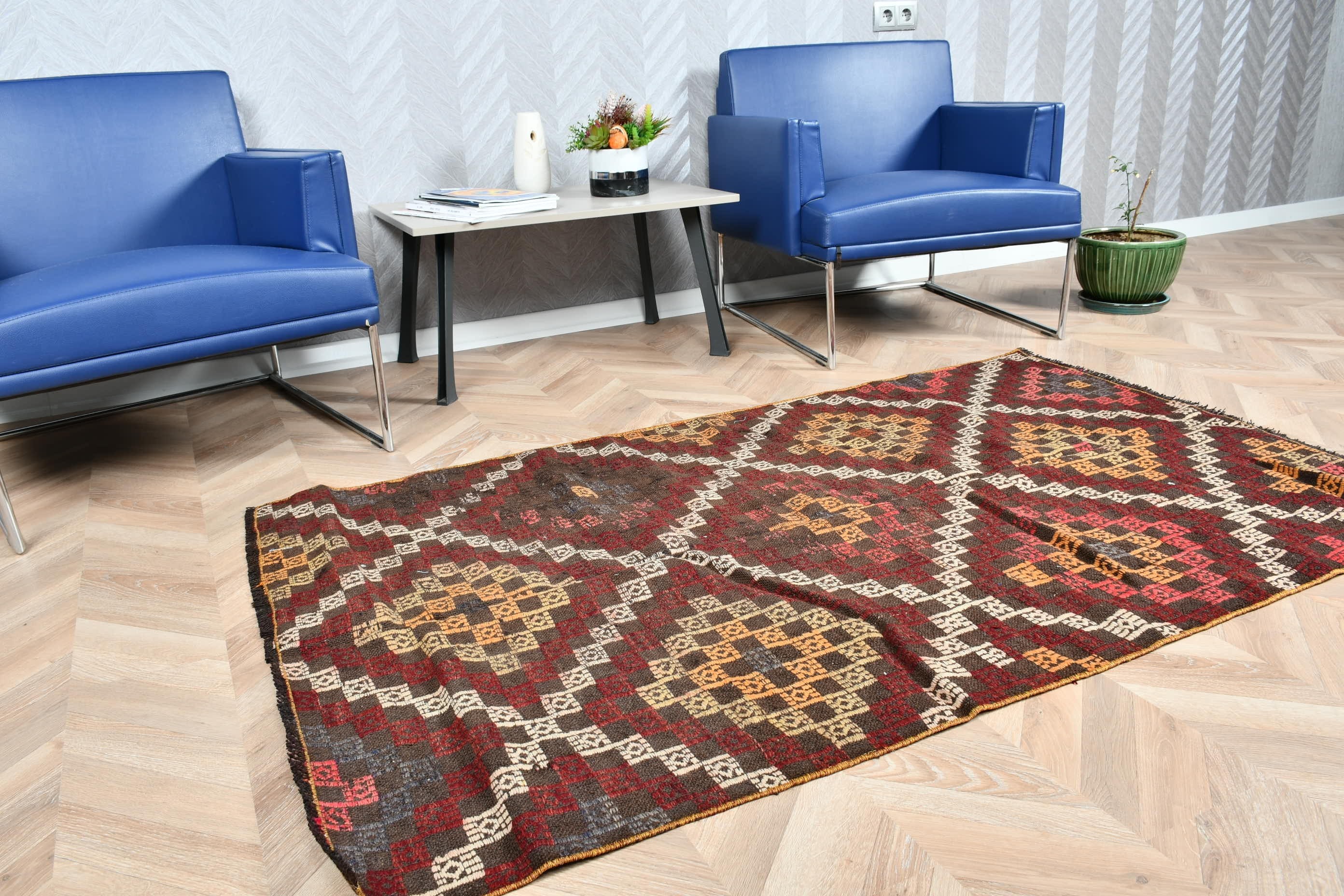 Giriş Kilim, Kahverengi Renkli Kilim, Yatak odası Kilim, Giriş Kilim, Uşak Kilim, Giriş Kilim, 108x181 cm Antre Kilim, Nostaljik Kilim