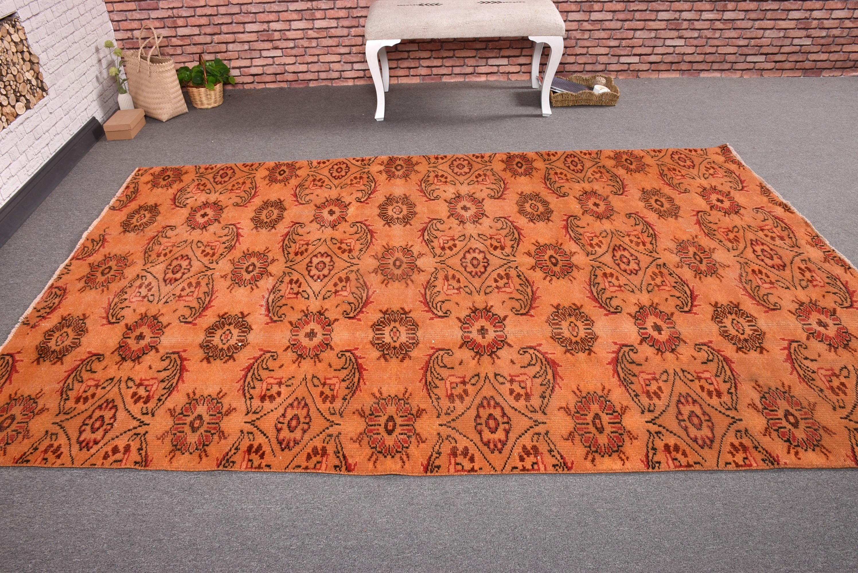 Floor Rug, Handwoven Rug, Turkish Rugs, Bedroom Rugs, Salon Rugs, Aesthetic Rug, 5.8x8.6 ft Large Rug, Vintage Rugs, Orange Statement Rugs