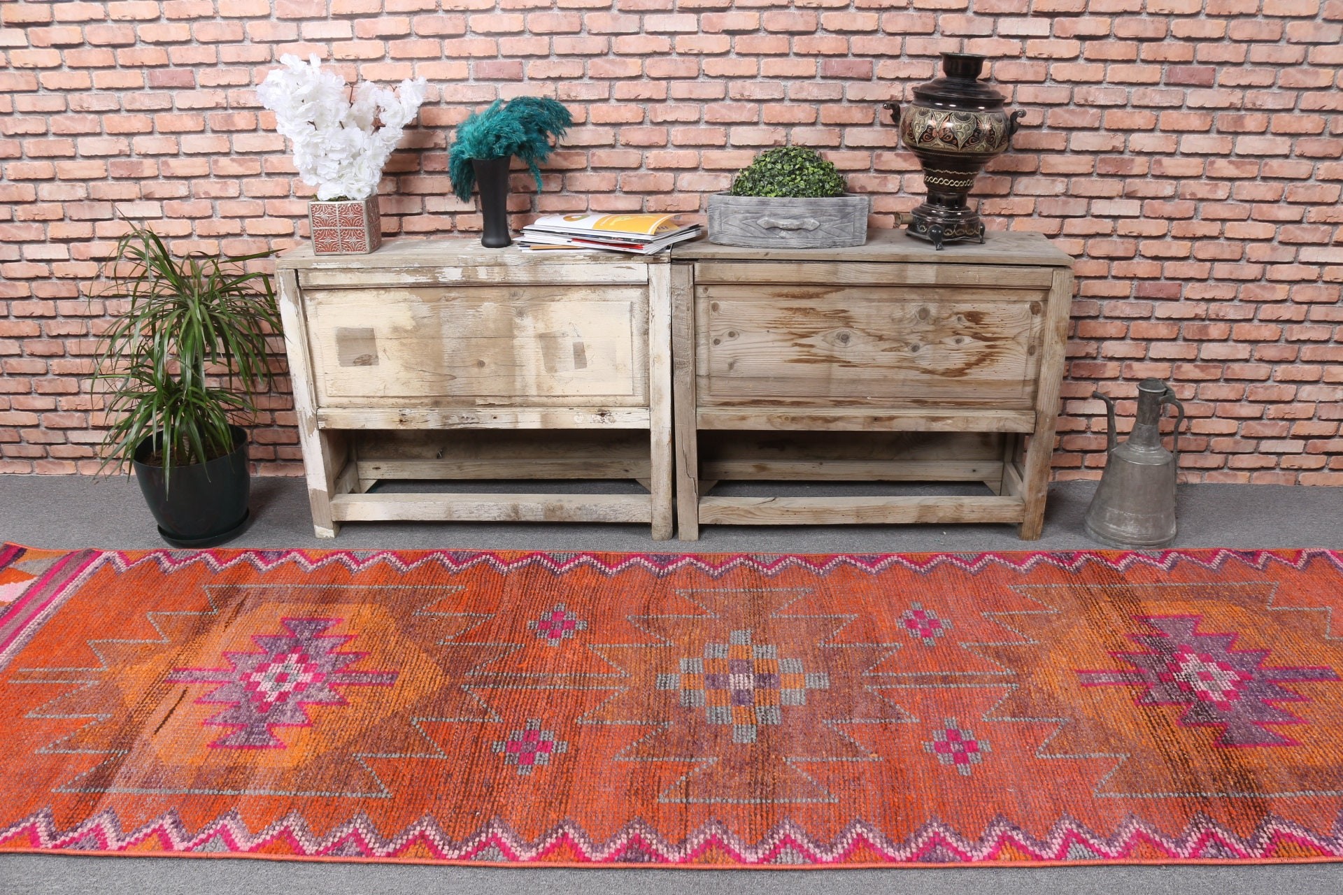 Floor Rug, Orange Anatolian Rugs, Oushak Rugs, 2.9x10.1 ft Runner Rug, Hallway Rug, Oriental Rug, Kitchen Rug, Vintage Rug, Turkish Rug