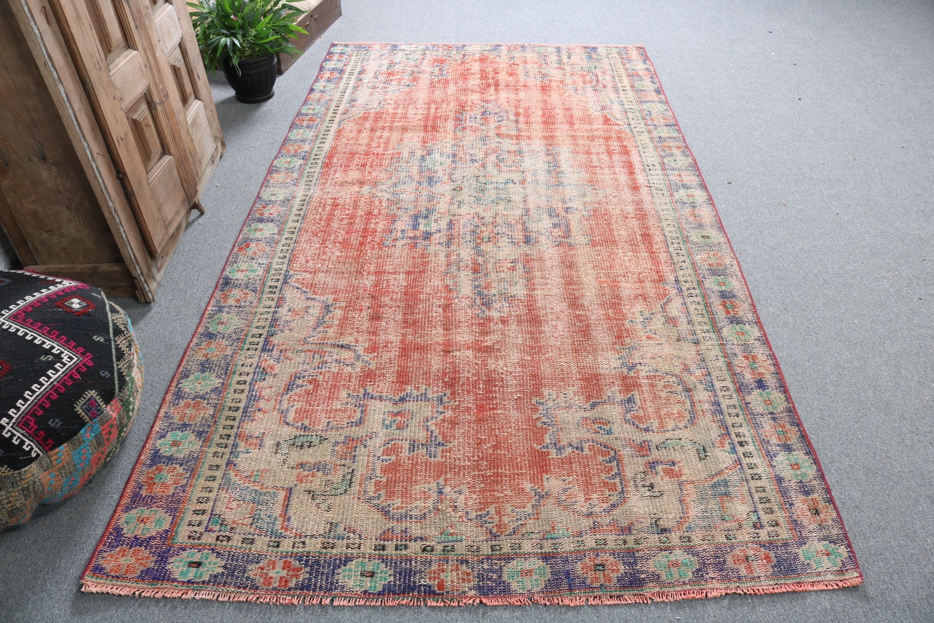 Yün Halı, Vintage Halı, Türk Halısı, Aztek Halıları, Büyük Boho Halısı, 5x8,7 ft Büyük Halı, Modern Halı, Kırmızı Bildirim Halısı, Büyük Vintage Halı