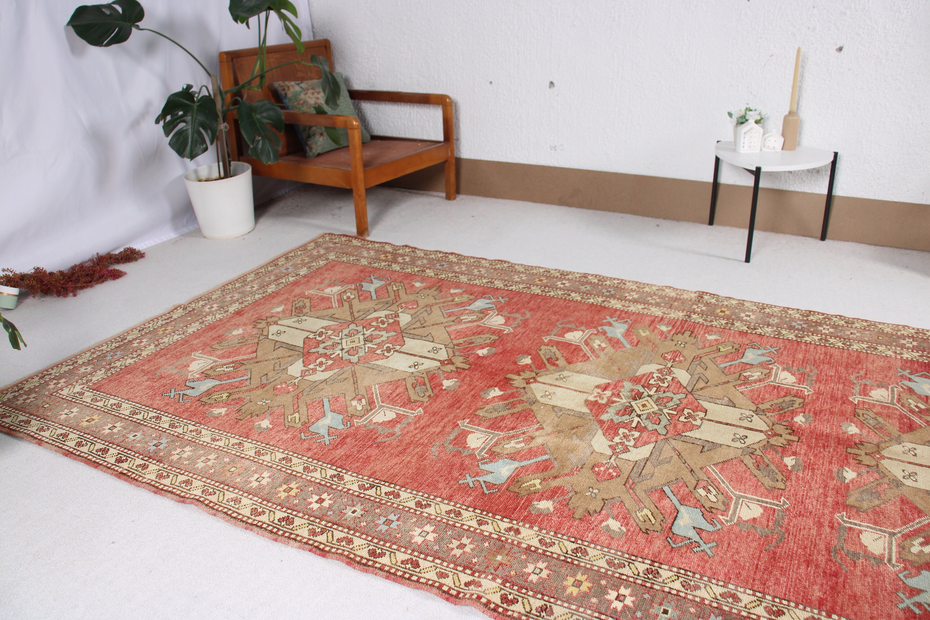 Büyük Oushak Halı, Salon Halıları, 5x10 ft Büyük Halılar, Büyük Vintage Halı, Düz Dokuma Halılar, Türk Halısı, Yün Halılar, Vintage Halı, Kırmızı Boho Halı