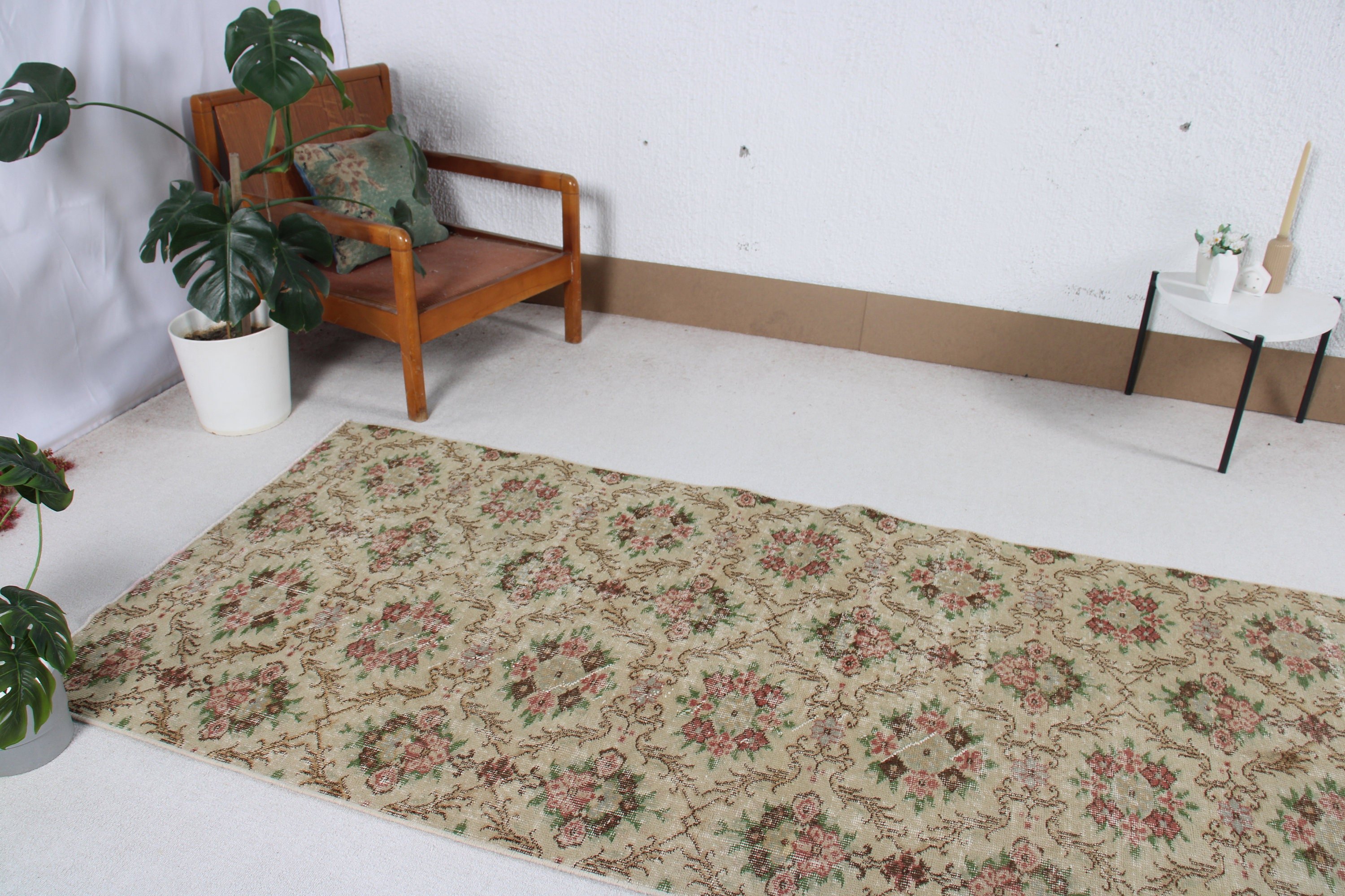 Vintage Rug, Turkish Rug, Beige  3.6x7.9 ft Area Rugs, Kitchen Rug, Handwoven Rug, Geometric Rugs, Floor Rug