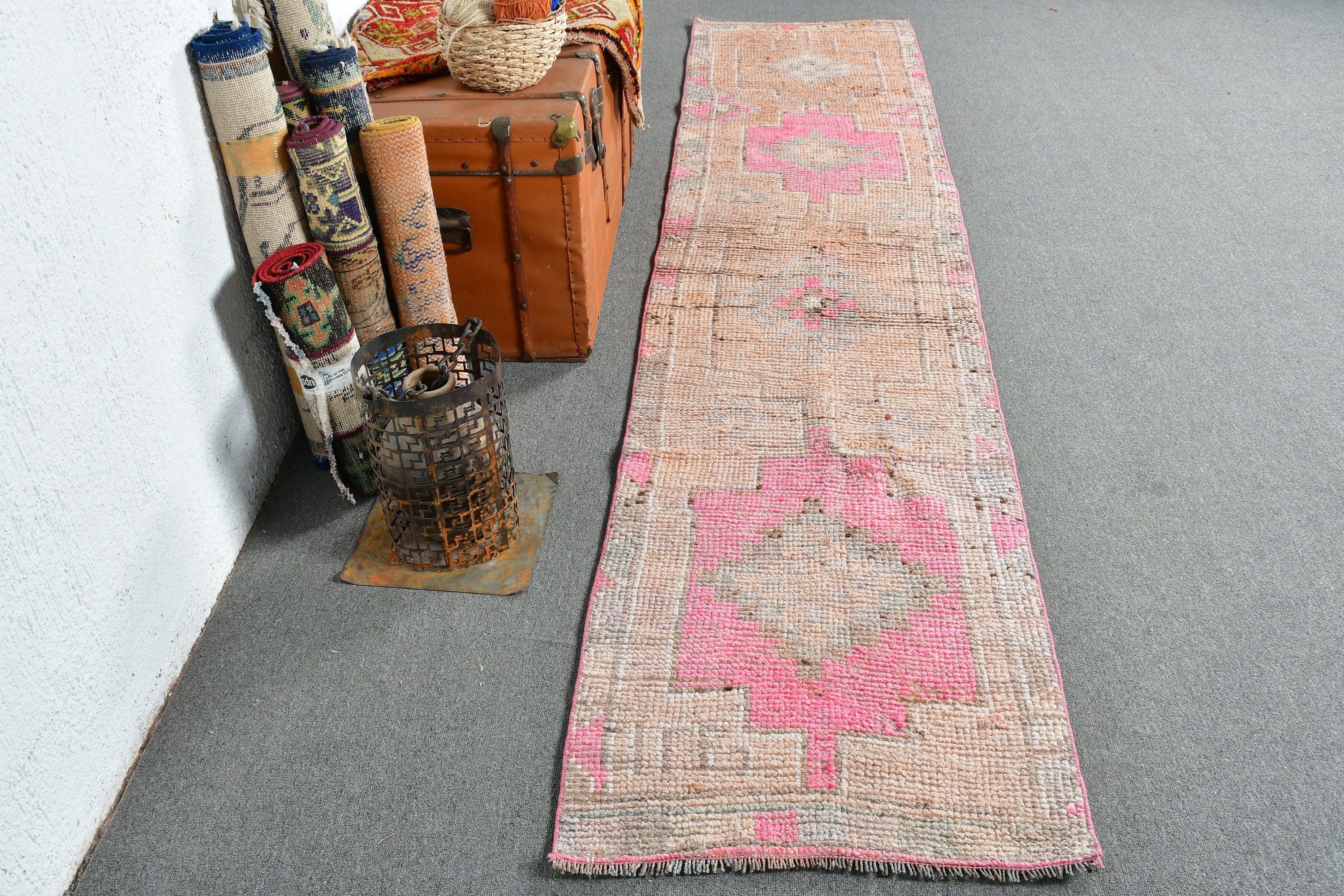 Vintage Rug, Stair Rug, Pink Oriental Rug, 2.2x10.1 ft Runner Rugs, Home Decor Rug, Rugs for Runner, Wool Rugs, Kitchen Rug, Turkish Rugs