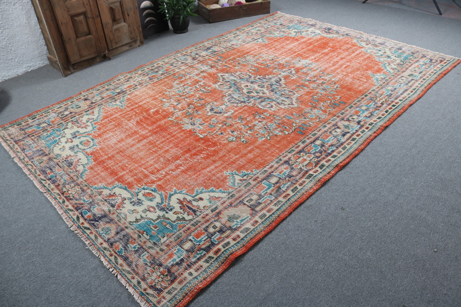 Ev Dekorasyonu Halıları, Anadolu Halıları, 6.5x10.4 ft Büyük Halı, Turuncu El Dokuma Halı, Büyük Boho Halıları, Büyük Vintage Halı, Vintage Halılar, Türk Halısı