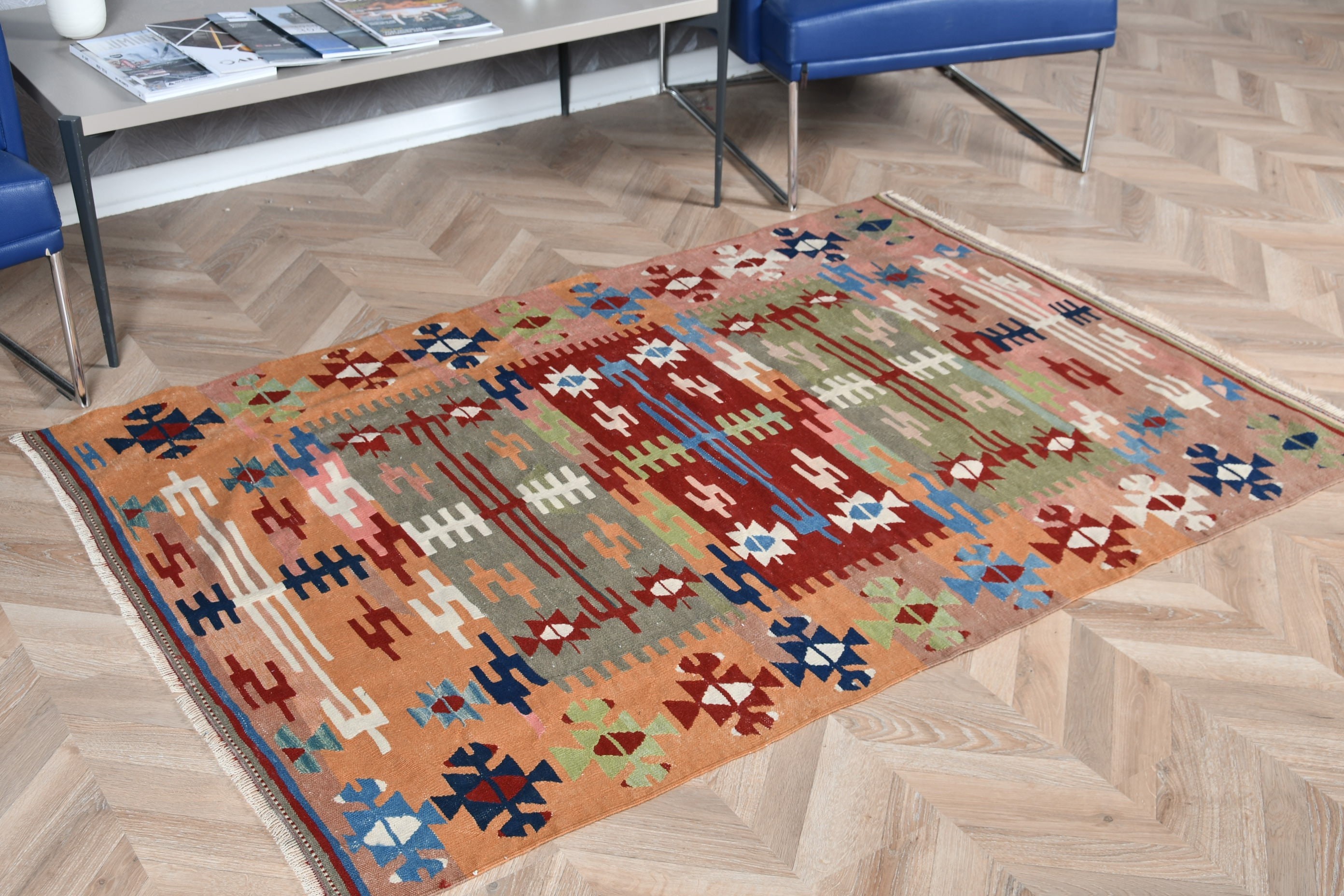 Turuncu Soğuk Halı, Giriş Halısı, Soğuk Halı, Vintage Halılar, 3,7x5,5 ft Accent Halıları, Türk Halısı, Mutfak Halısı, Fas Halısı, Kilim, Giriş Halıları