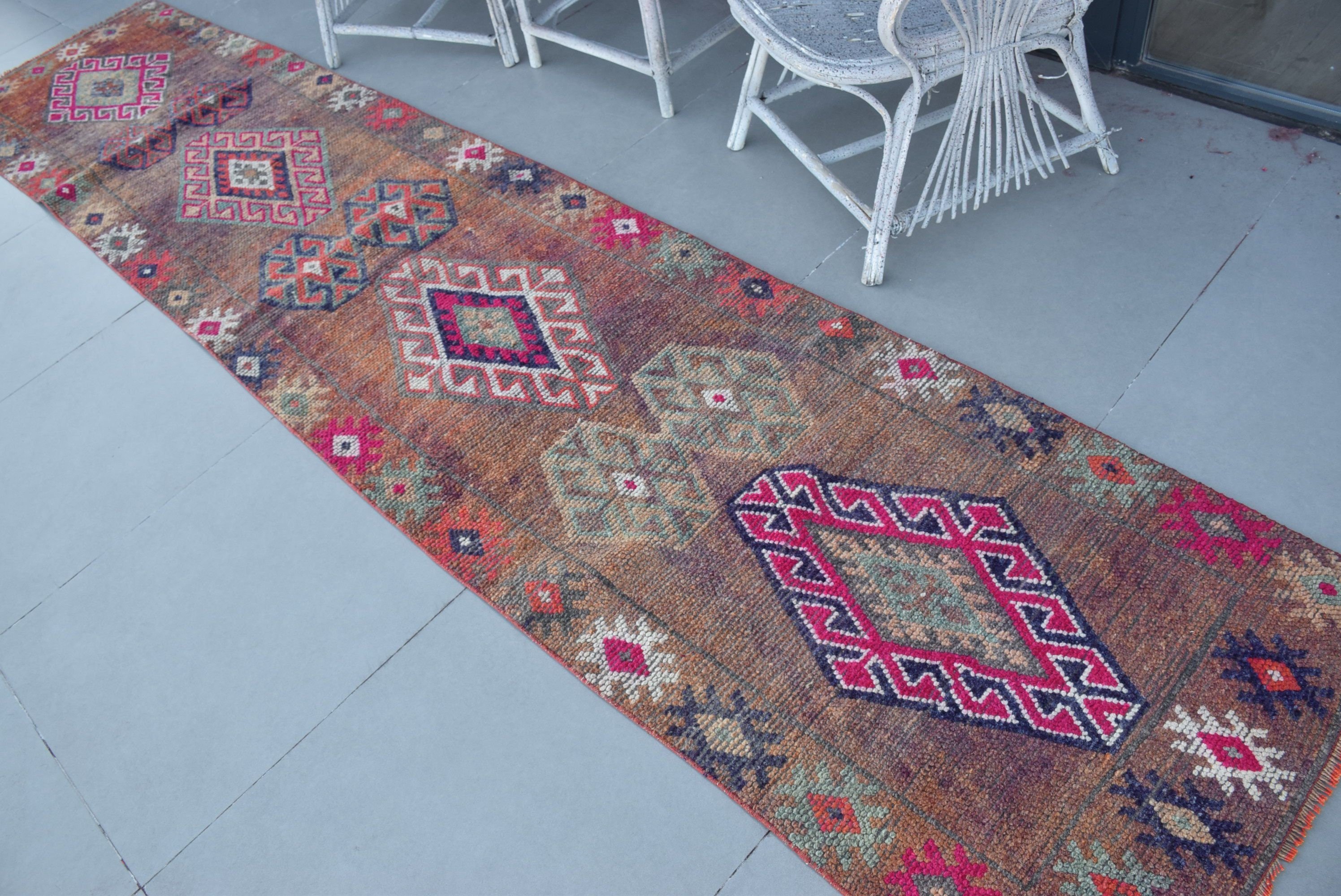 Koridor Halısı, Fas Halısı, Mutfak Halısı, Merdiven Halısı, Runner Halıları, Vintage Halılar, 2,7x12,8 ft Runner Halısı, Kahverengi Oryantal Halı, Türk Halısı