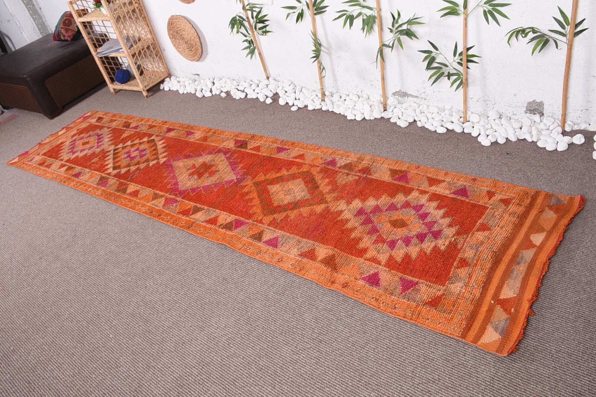 Orange Wool Rug, Floor Rug, Rugs for Hallway, Antique Rug, 2.6x11.3 ft Runner Rug, Vintage Rug, Turkish Rug, Abstract Rug, Stair Rug