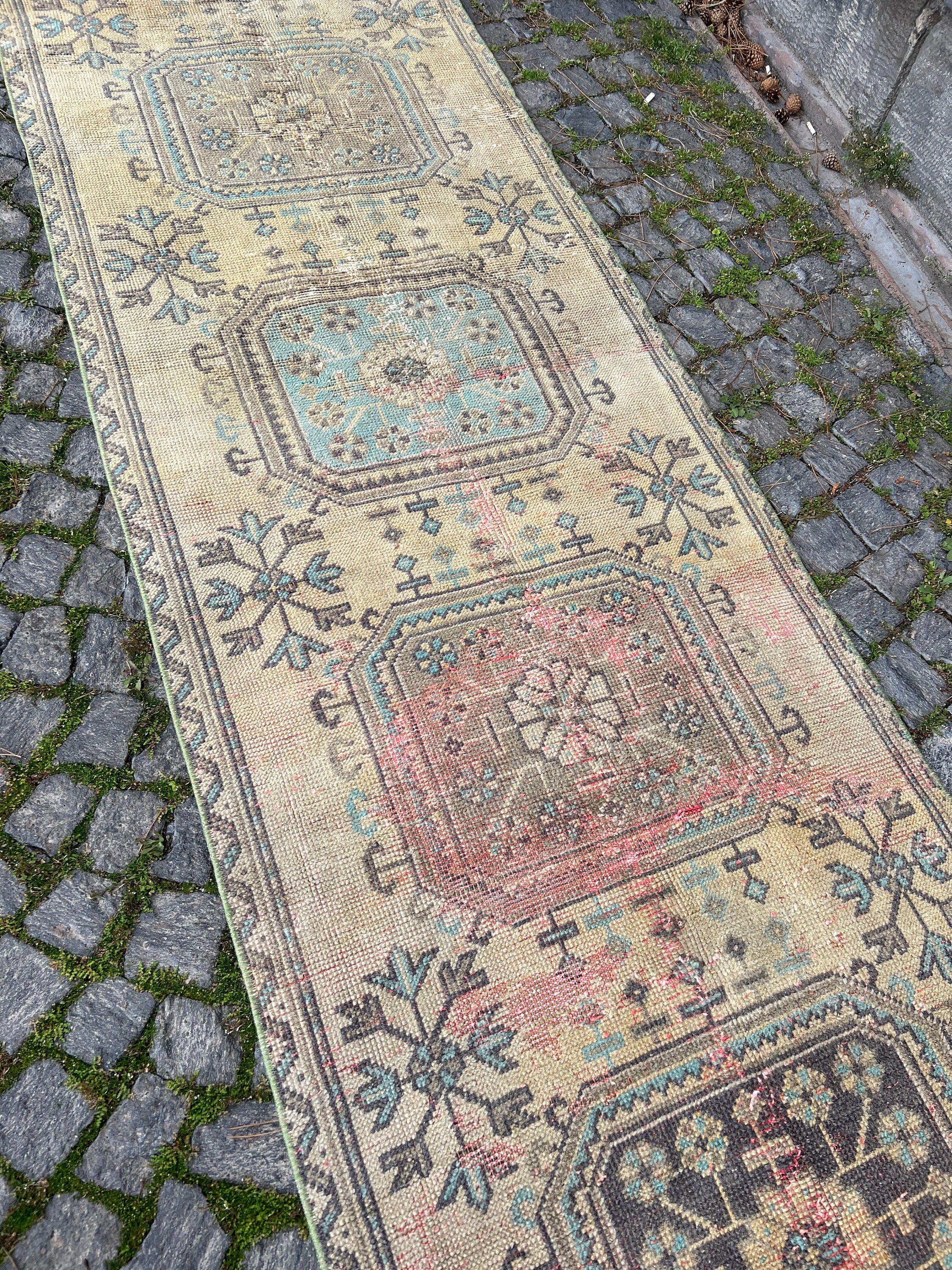 Hallway Rug, Beige Antique Rugs, Stair Rug, Turkish Rug, Kitchen Rug, 3x19.2 ft Runner Rugs, Rugs for Corridor, Vintage Rug