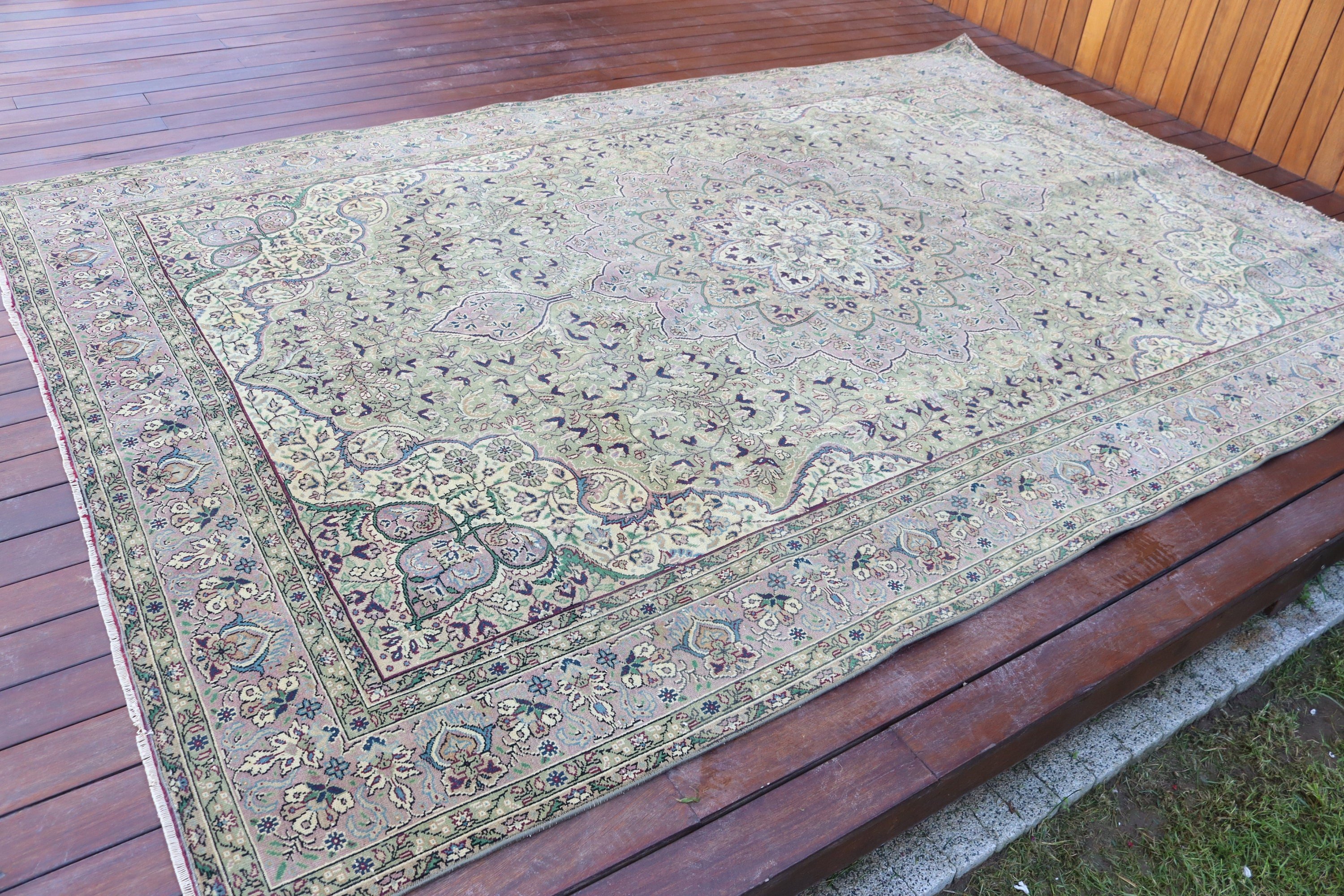 Büyük Boho Halısı, Türk Halısı, Büyük Oushak Halısı, Aztek Halısı, Soğuk Halı, El Dokuma Halıları, Vintage Halılar, Yeşil Nötr Halılar, 6,5x9,8 ft Büyük Halılar