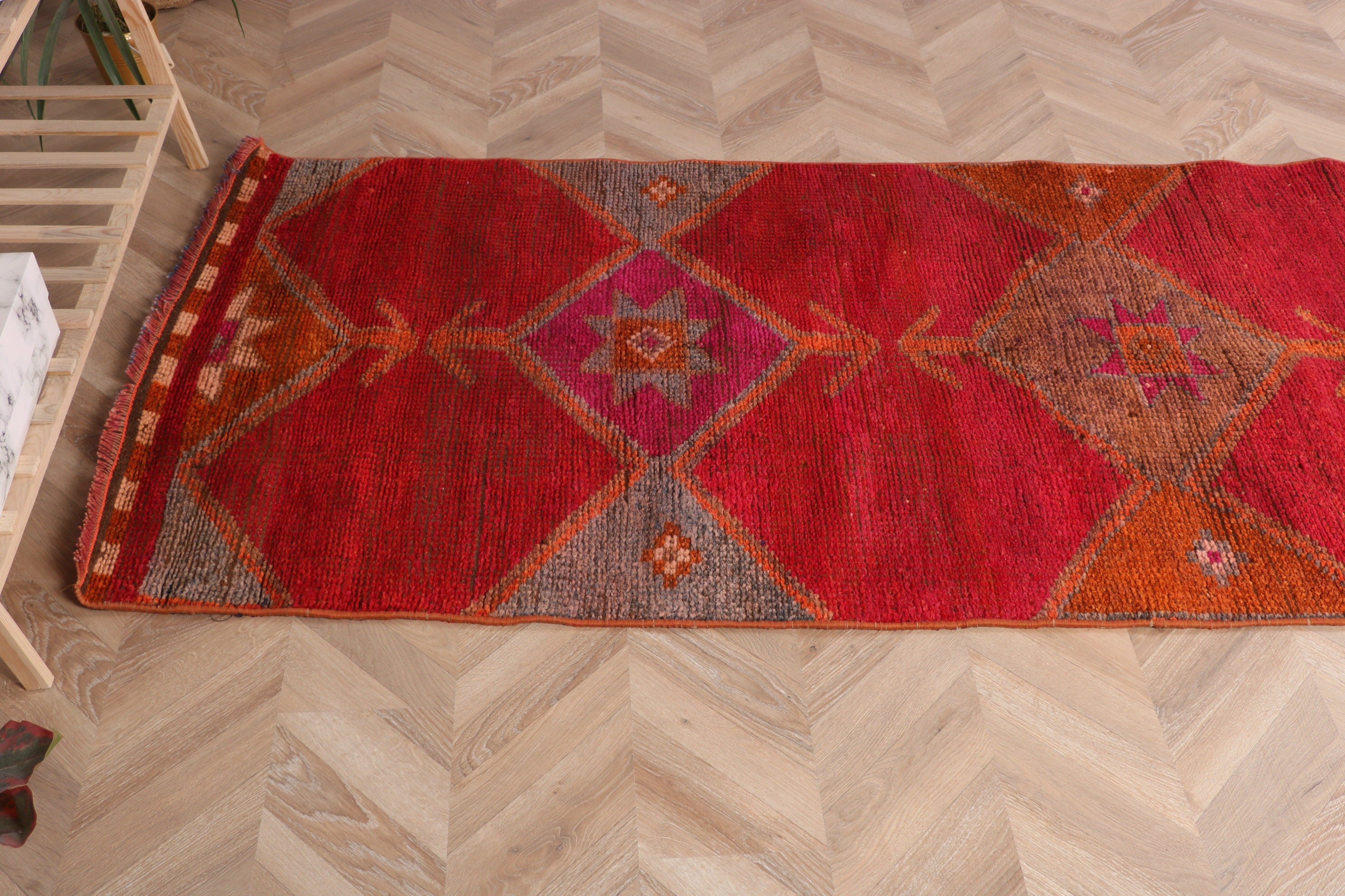 Türk Halısı, Yatak Odası Halısı, 3x10.2 ft Runner Halıları, Kırmızı Düz ​​Dokuma Halısı, Fas Halıları, Vintage Halı, Koridor Halıları, Vintage Runner Halıları