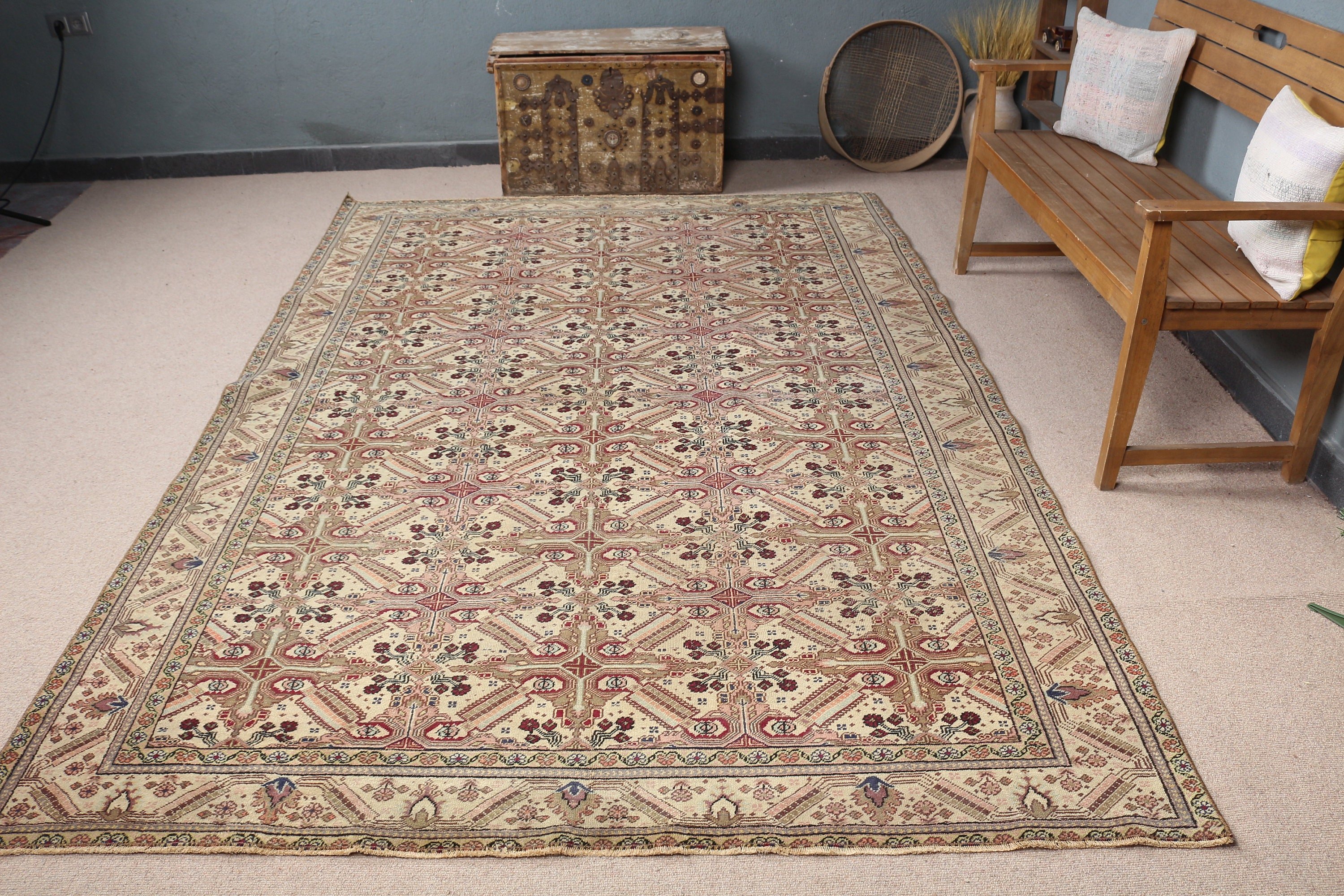 Vintage Halı, Türk Halısı, Oturma Odası Halısı, Yemek Odası Halısı, 6.3x9.4 ft Büyük Halı, Bej Anadolu Halıları, Ev Dekorasyonu Halısı