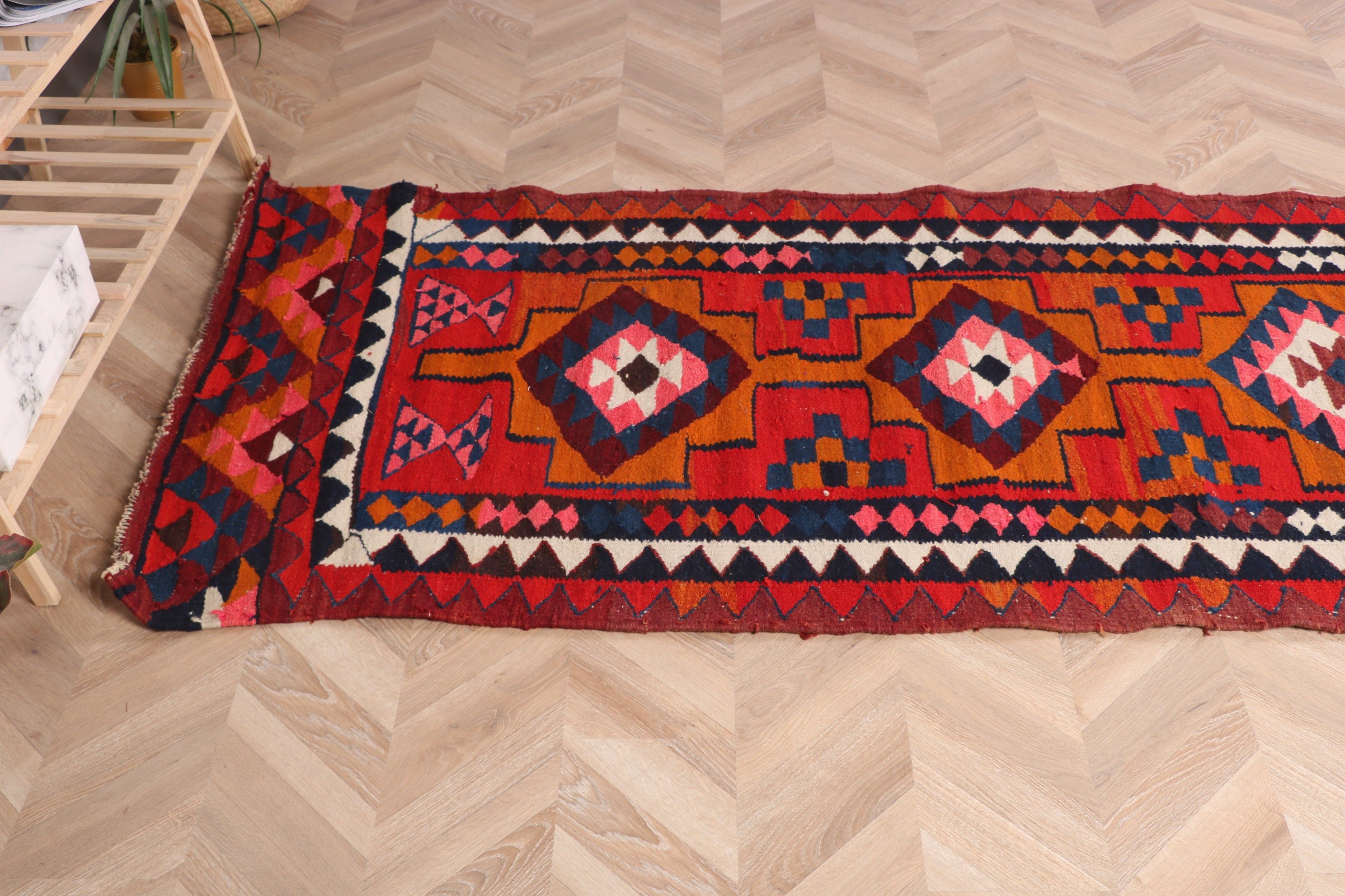 Kırmızı Oushak Halılar, Yün Halılar, Mutfak Halıları, Türk Halıları, Yolluk Halıları, 3.1x8.9 ft Yolluk Halısı, Vintage Halı, Uzun Yolluk Halısı