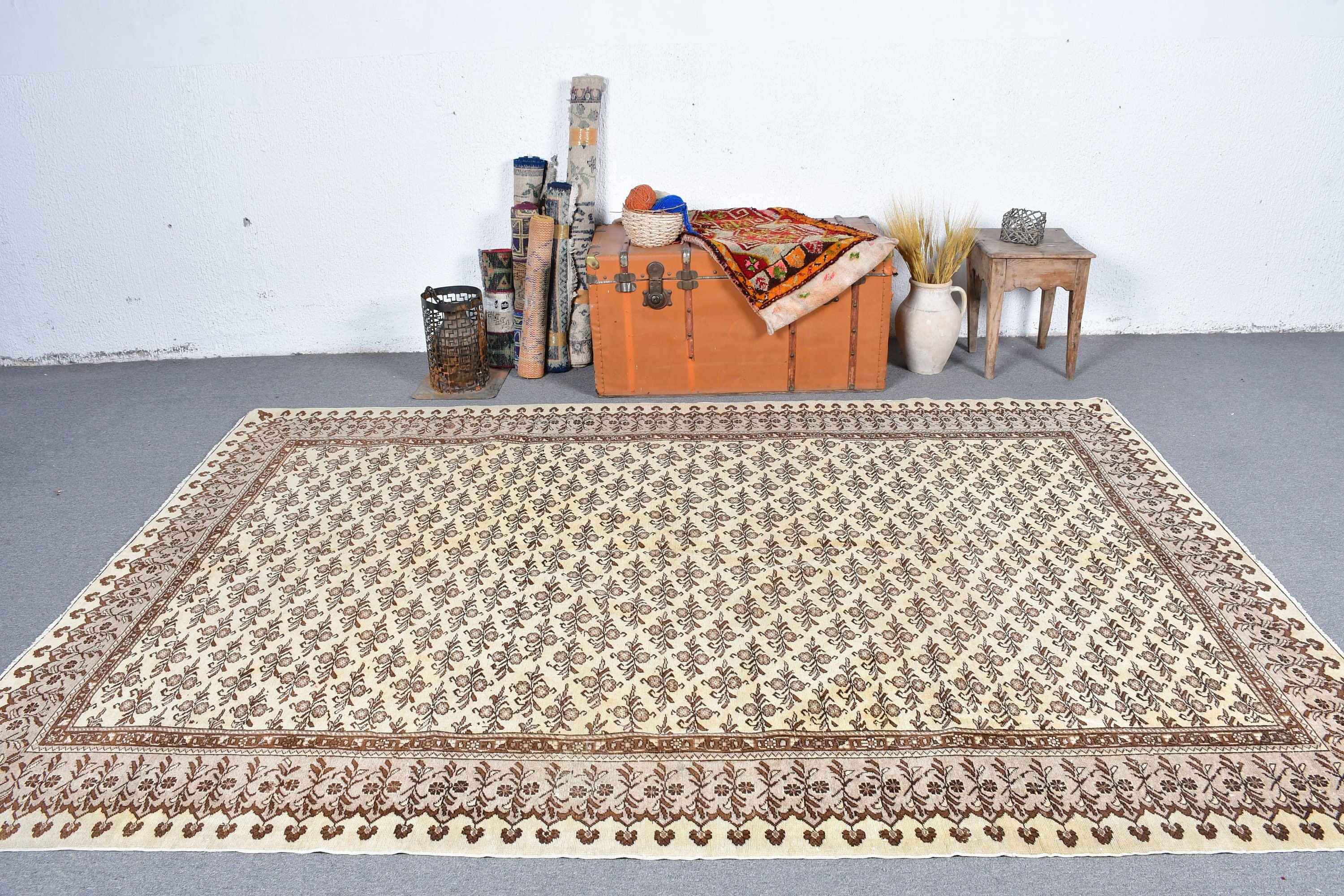 Brown  6.4x9.5 ft Large Rug, Salon Rug, Turkish Rugs, Wool Rugs, Ethnic Rug, Vintage Rug, Kitchen Rug, Living Room Rug
