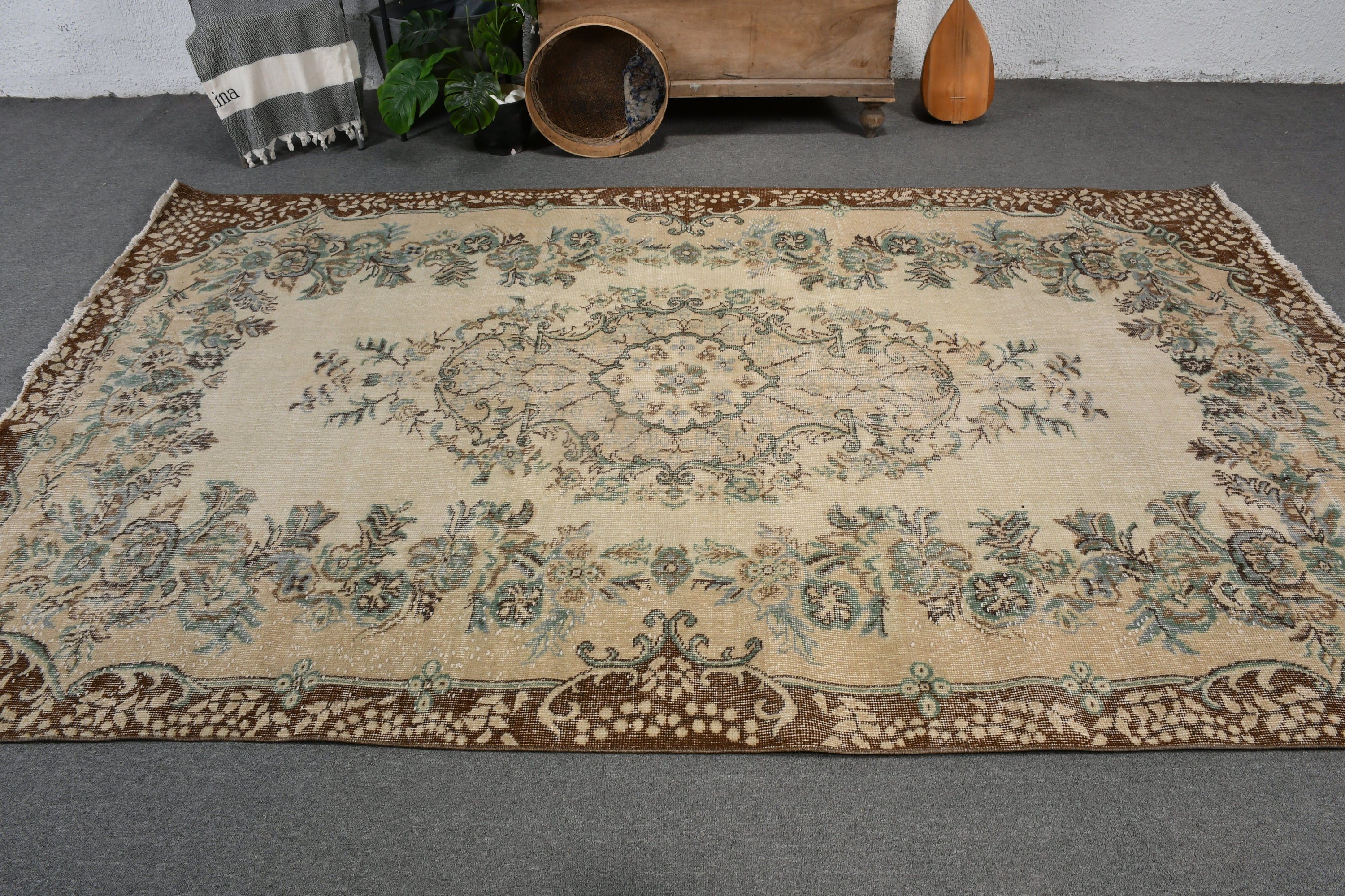 Bej Anadolu Halısı, Vintage Halı, Fas Halıları, 5.9x9.5 ft Büyük Halı, Özel Halı, Yemek Odası Halıları, Salon Halısı, Antika Halı, Türk Halısı