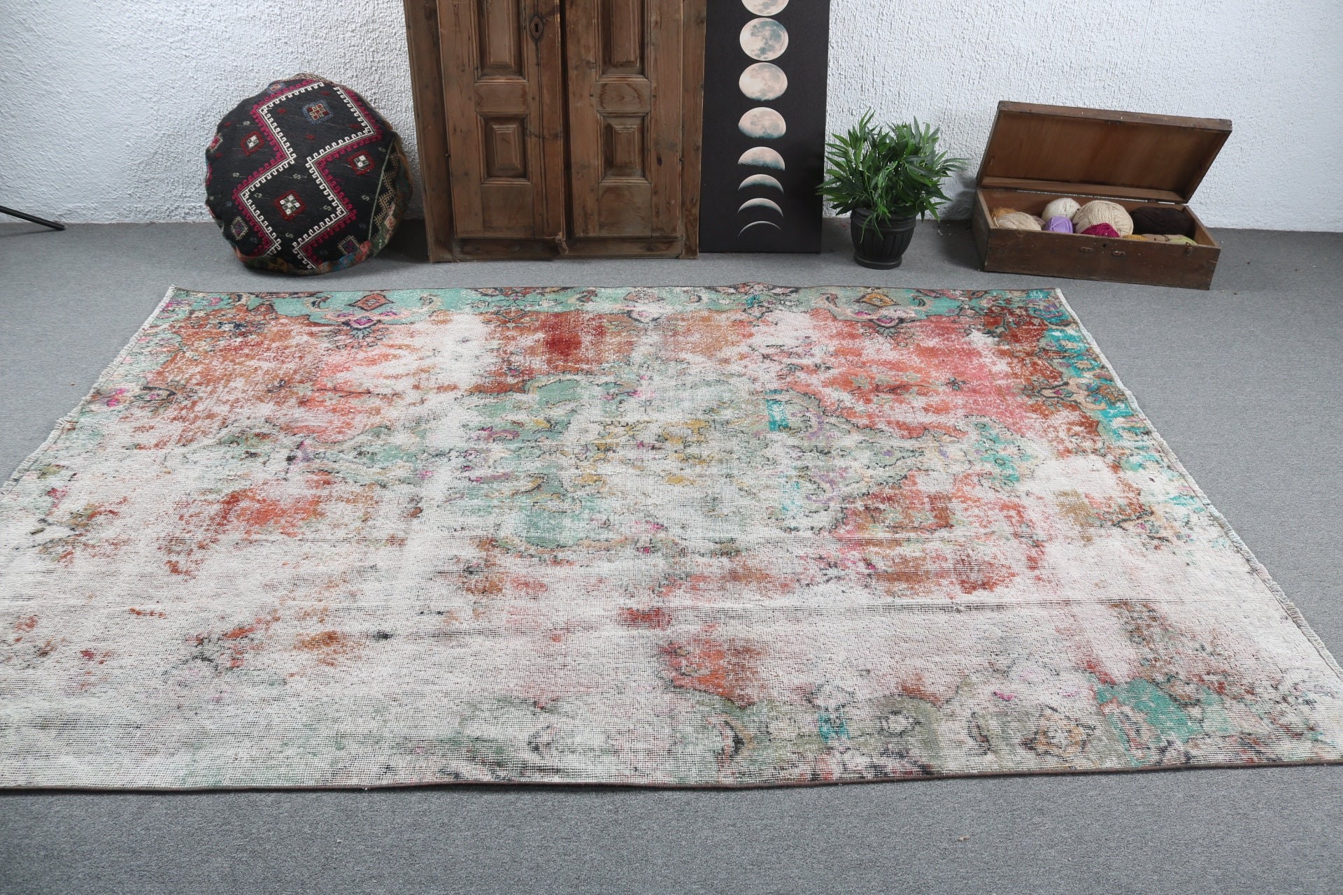 Modern Halılar, Vintage Halı, 6,2x8,8 ft Büyük Halılar, Oturma Odası Halıları, Yer Halıları, Türk Halıları, Kabile Halıları, Salon Halısı, Turuncu Boho Halısı