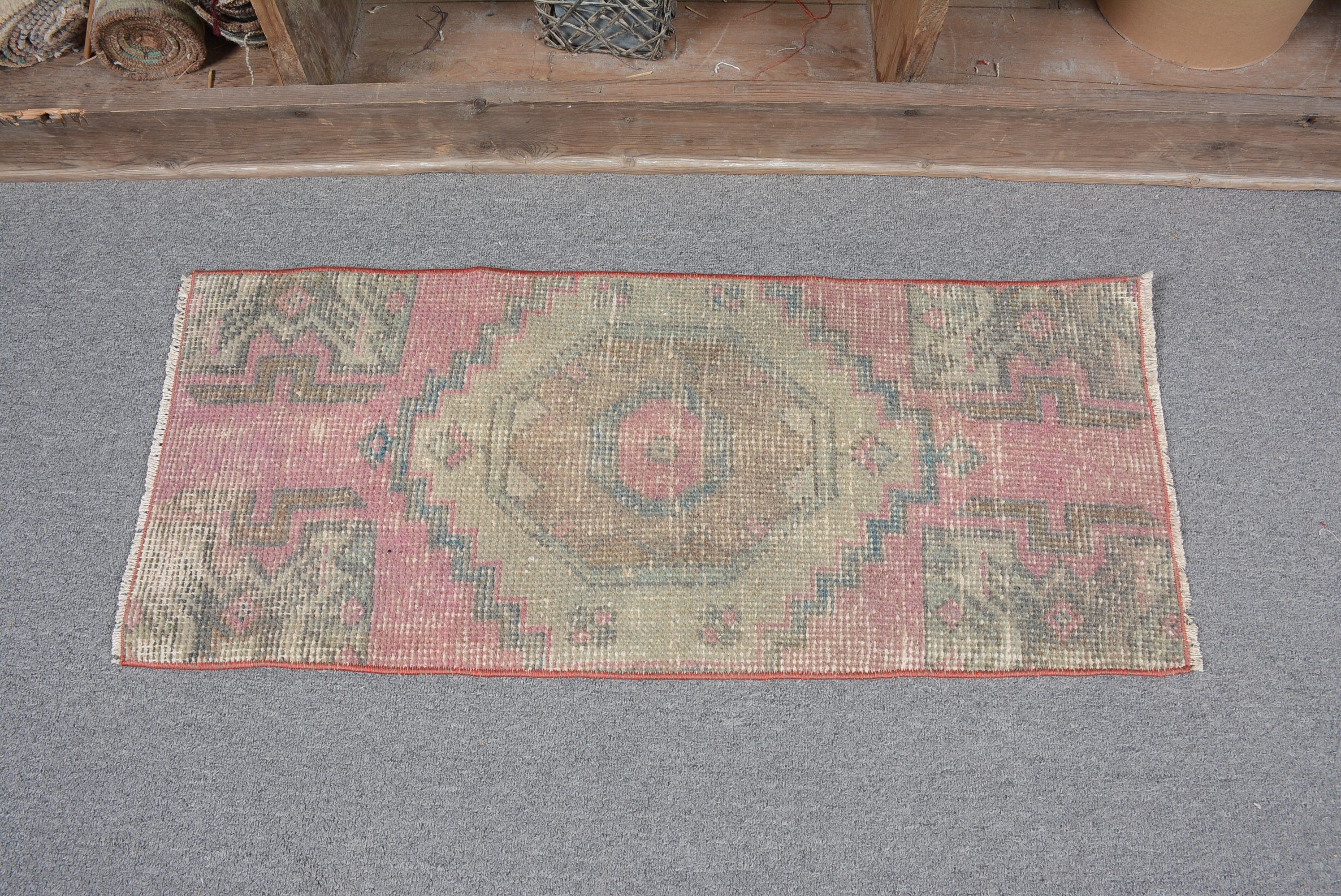 Turkish Rug, Bedroom Rug, Pink Bedroom Rug, Vintage Rug, 1.2x2.8 ft Small Rug, Antique Rug, Rugs for Kitchen, Entry Rug, Bathroom Rug