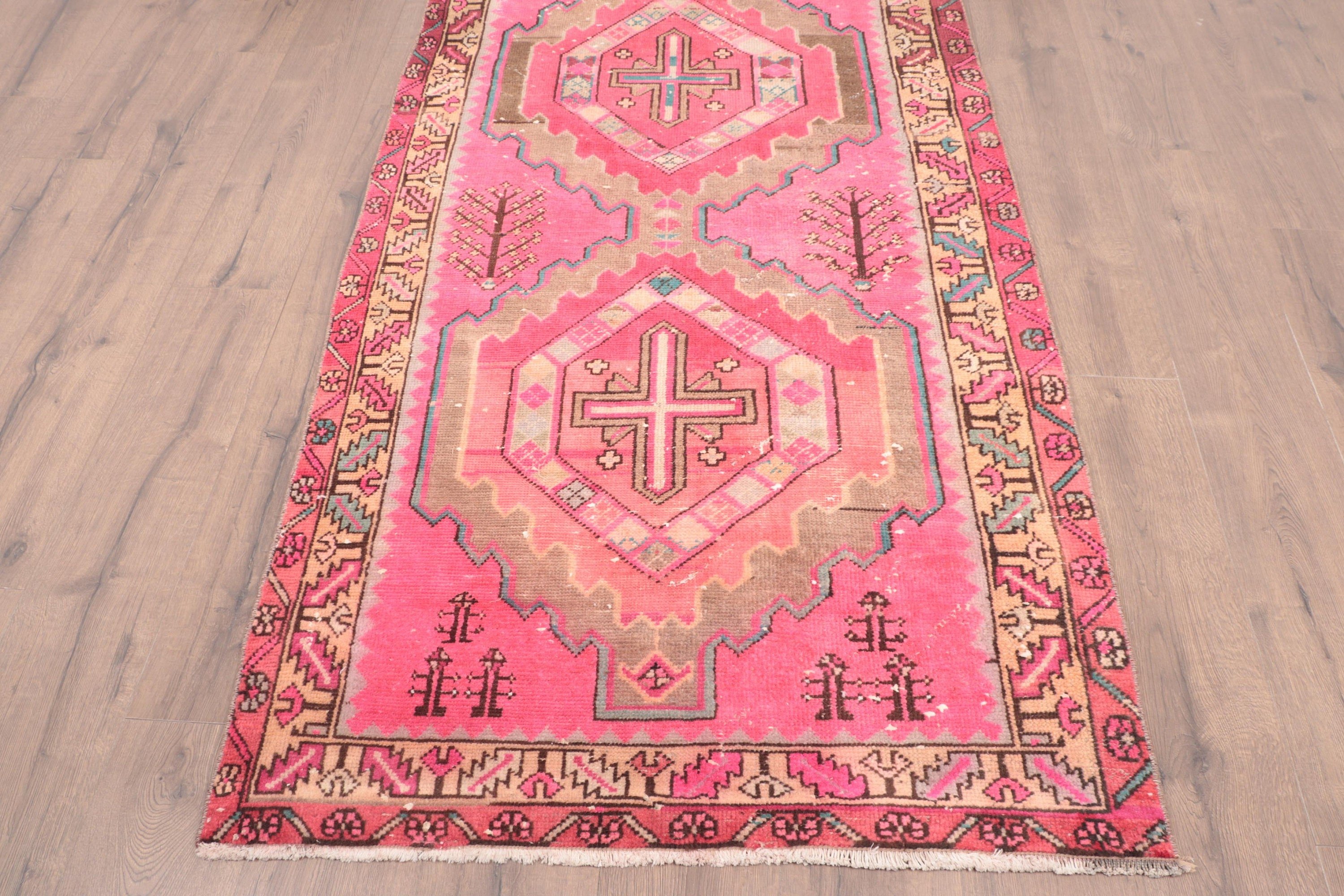 Vintage Runner Halıları, Yer Halısı, Geometrik Halı, Türk Halısı, 3,4x9,4 ft Runner Halısı, Vintage Halı, Oryantal Halı, Koridor Halısı, Pembe Modern Halı