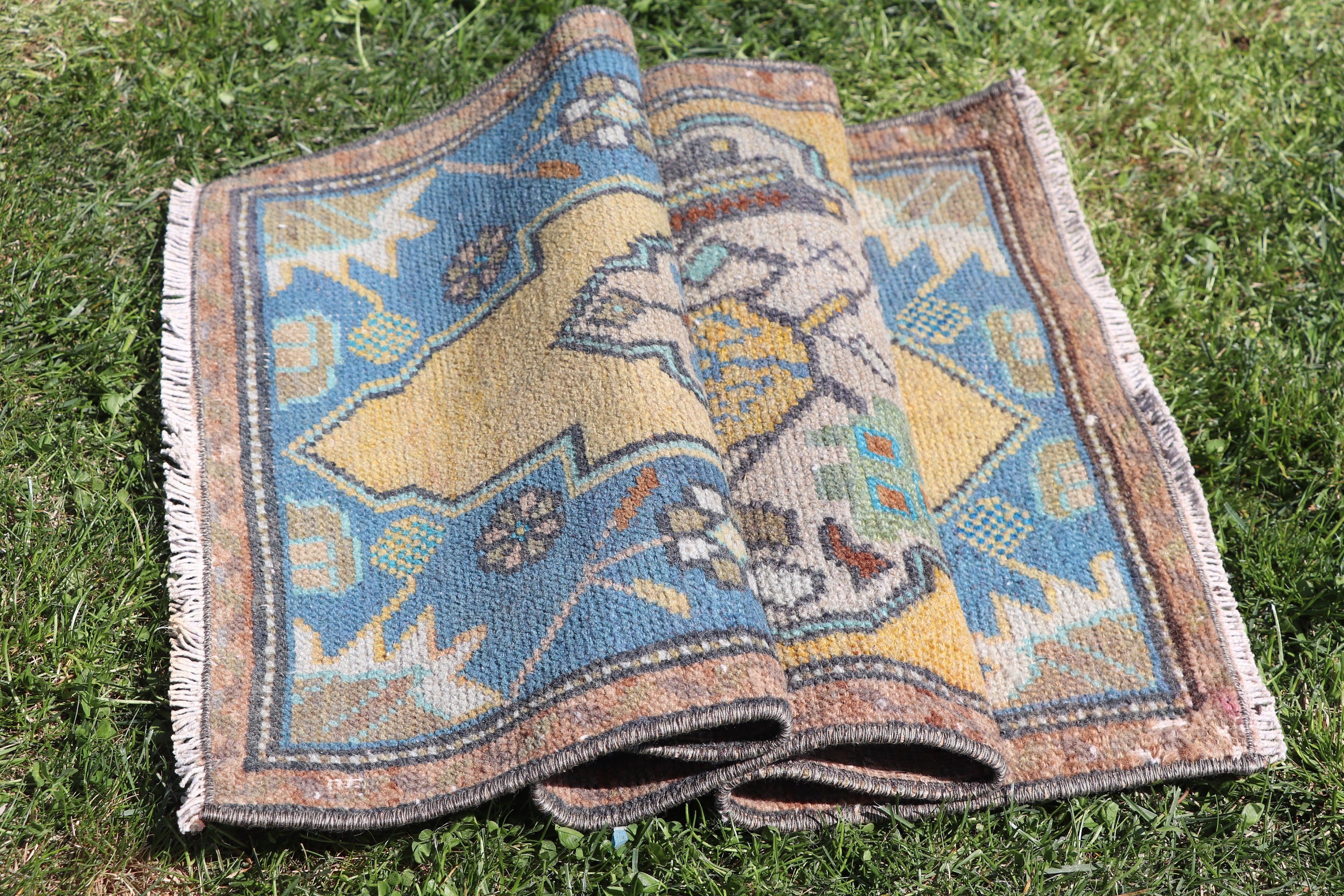 Vintage Halı, 1.5x3 ft Küçük Halılar, Oushak Halı, Sarı El Dokuma Halı, Türk Halısı, Sanatsal Halılar, Geometrik Halılar, Küçük Boho Halı, Banyo Halısı