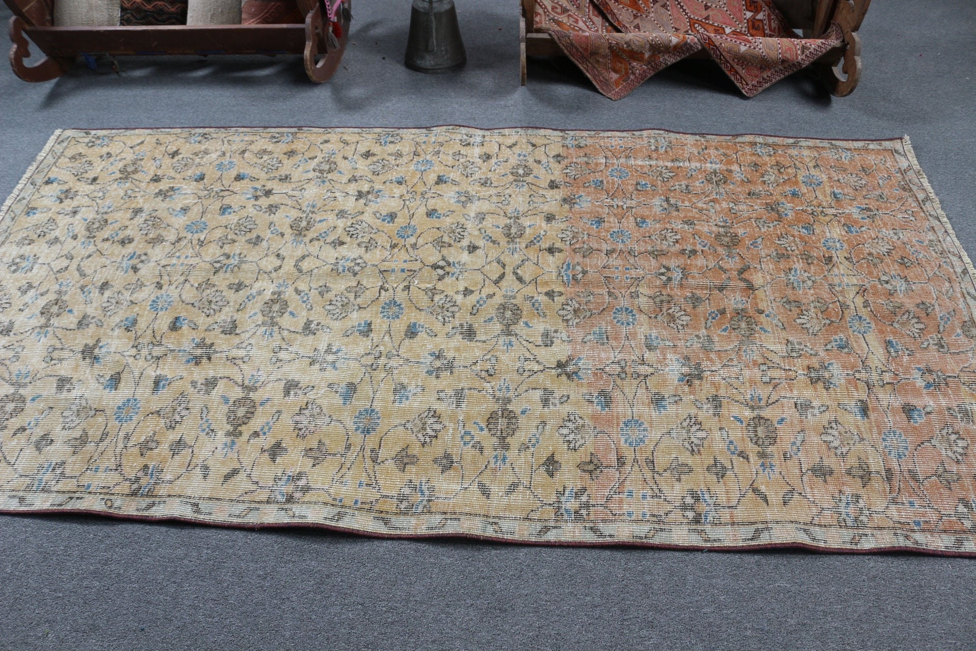 Abstract Rug, Dining Room Rugs, Vintage Rugs, 4.2x7.9 ft Area Rug, Indoor Rug, Yellow Home Decor Rug, Turkish Rug, Cool Rugs